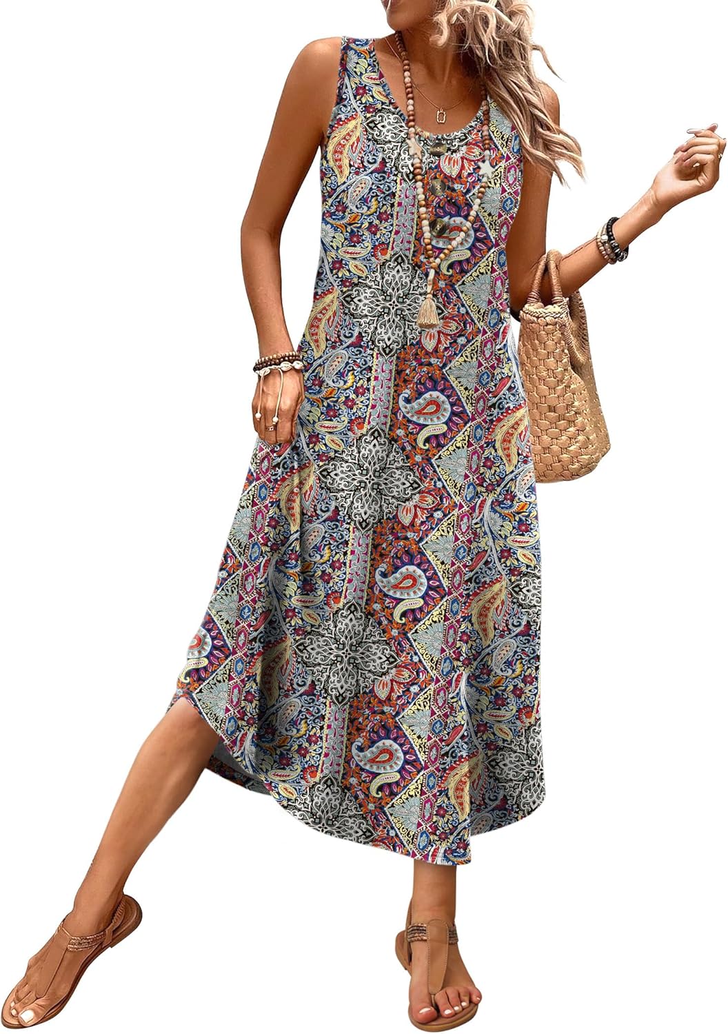 WIHOLL Summer Dresses for Women 2026 Button Front Sleeveless Casual Midi Dress Beach Vacation Sundresses with Pockets