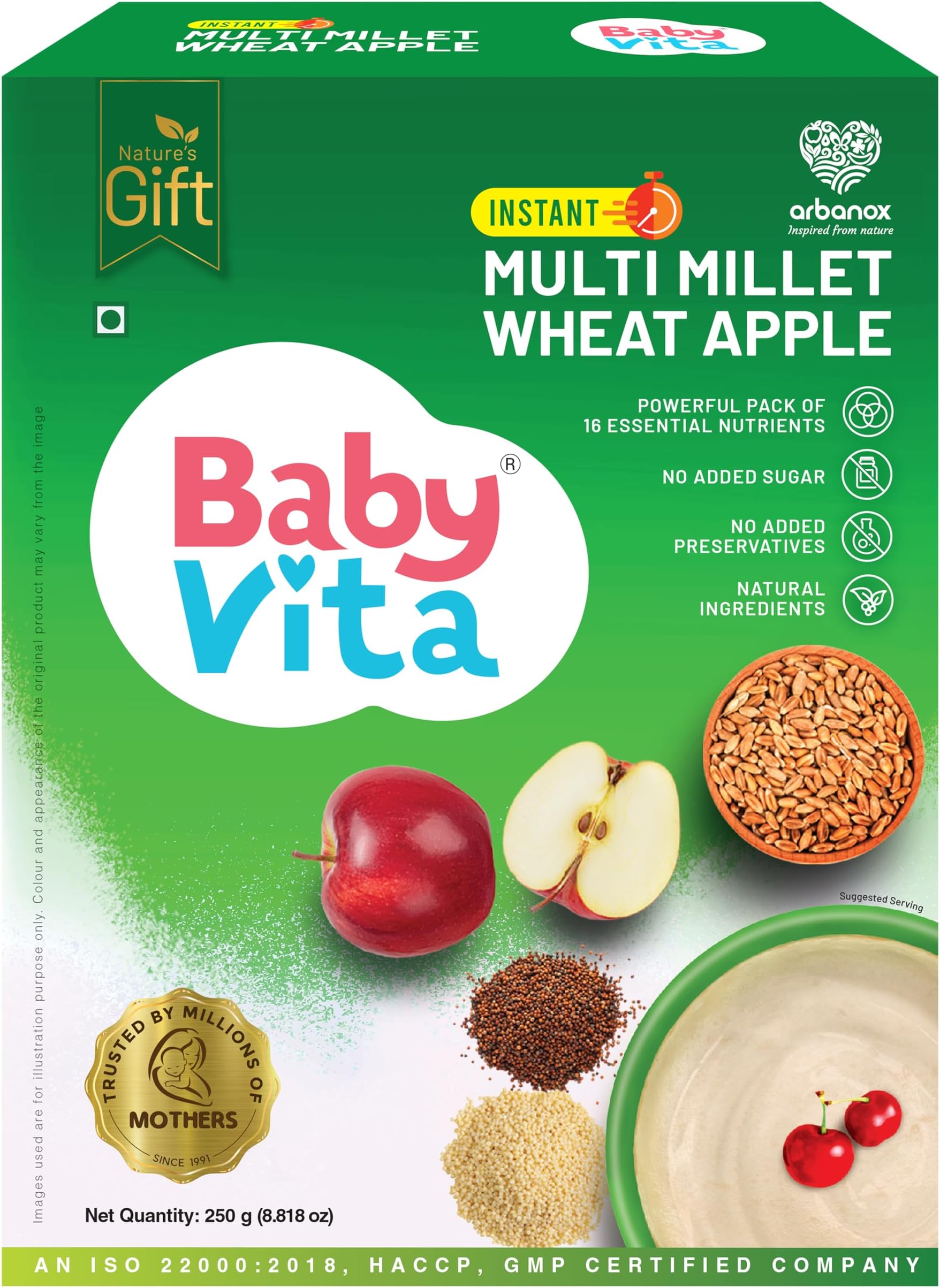 BabyVita Multi Millet Wheat Apple Powder - 100% Natural | No Added Salt, Sugar, Chemicals, or Preservatives | Nourishing & Easy-to-Digest Meal | Wholesome Energy Booster | 250g