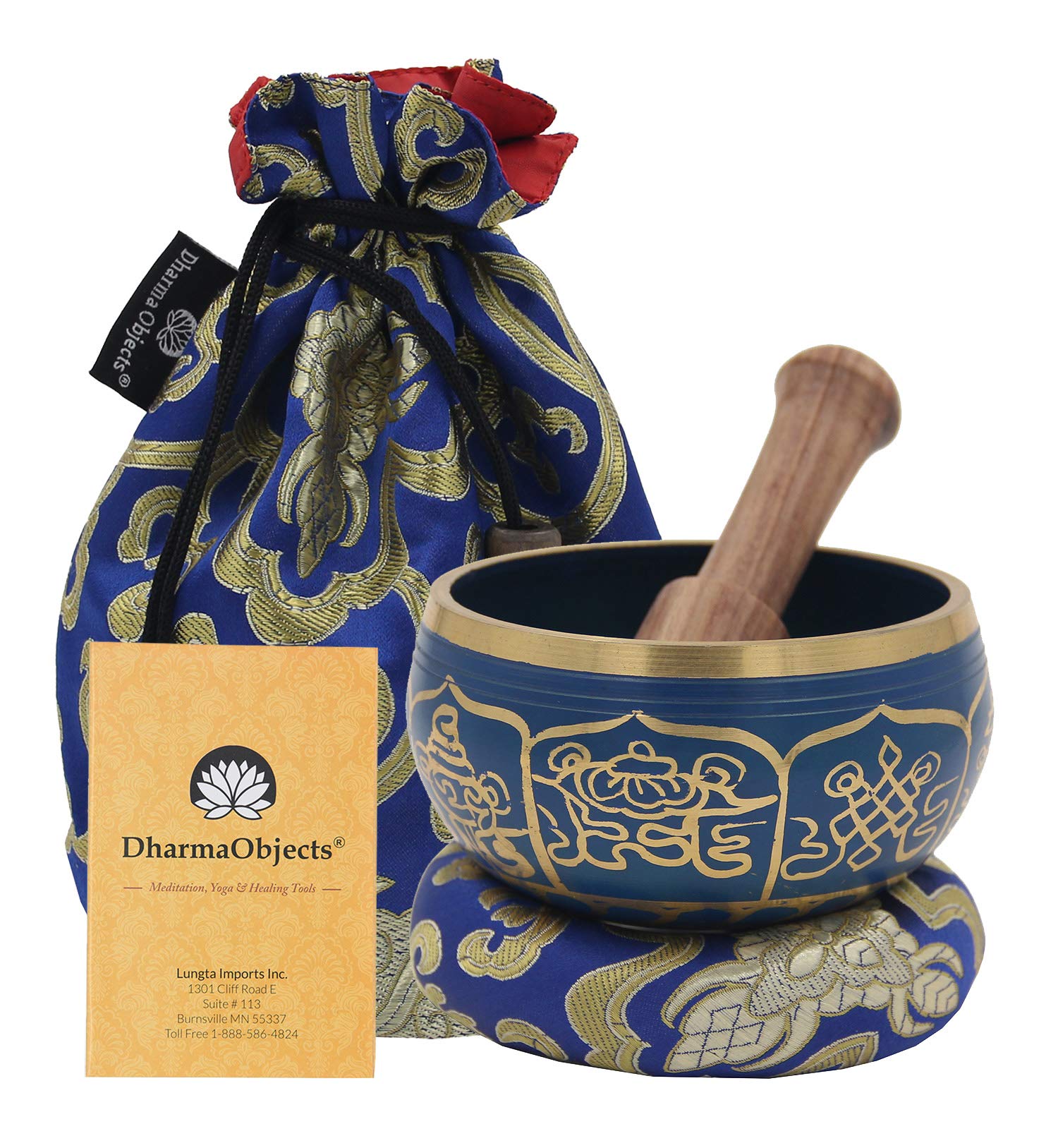DharmaObjects ~ Tibetan OM MANI Singing Bowl Set ~ With Mallet, Brocade Cushion & Carry Bag ~ For Meditation, Chakra Healing, Prayer, Yoga (Eight Lucky Symbol, Blue)