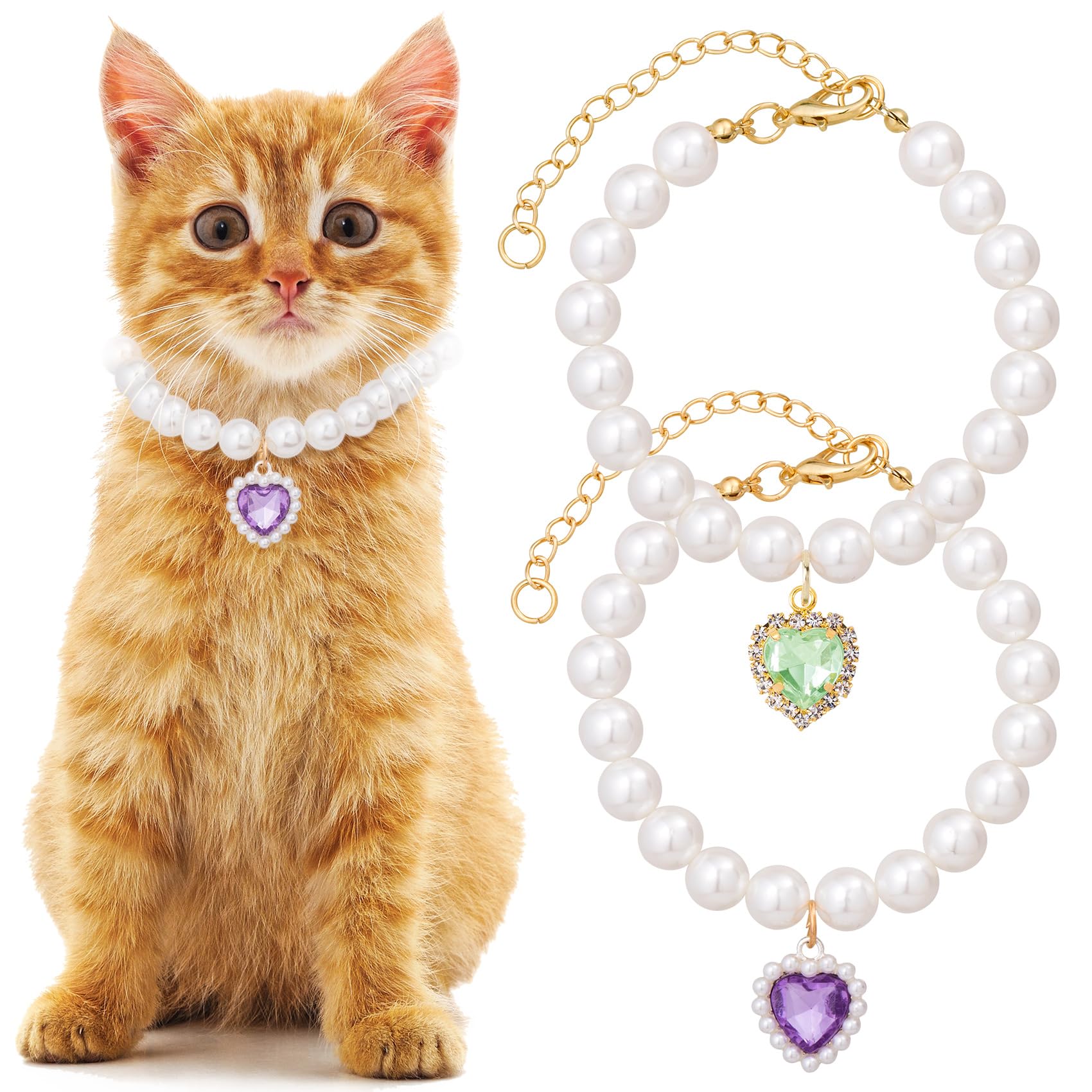 Mxxipp 2pcs Cat Pearl Collar with Heart Pendant, Cute Pearl Pet Necklace in Small, Adjustable Wedding Party Small Dog Jewelry Accessories for Puppy