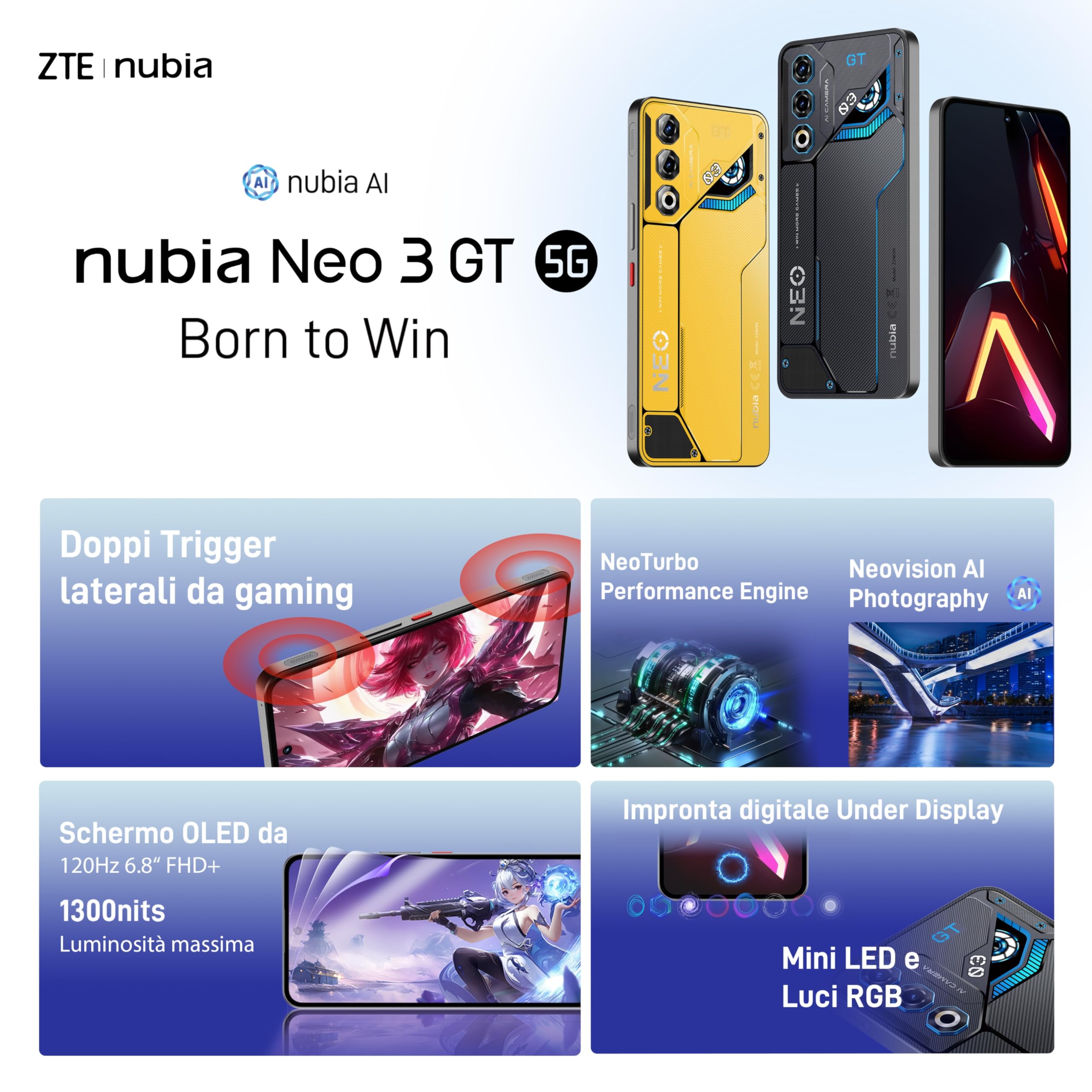 nubia Neo 3 GT 5G Smartphone Gaming Android 15, 12+12GB RAM Dinamica + 256BG ROM, Display 6.8” FHD+ 120Hz, Fotocamera 50MP, Smartphone Dual SIM, NFC, Batteria 5000mAh, Colore Electro Yellow