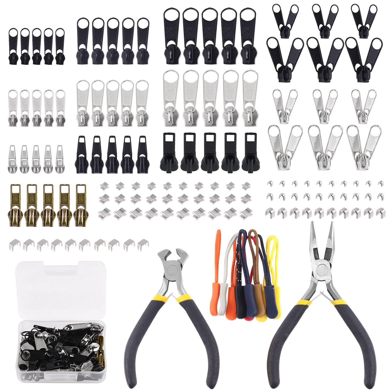 Rustark 144Pcs Zipper Repair Kit - Replacement & Repair with Zipper Pulls, Stops & Install Pliers for Bags, Luggage & Tents