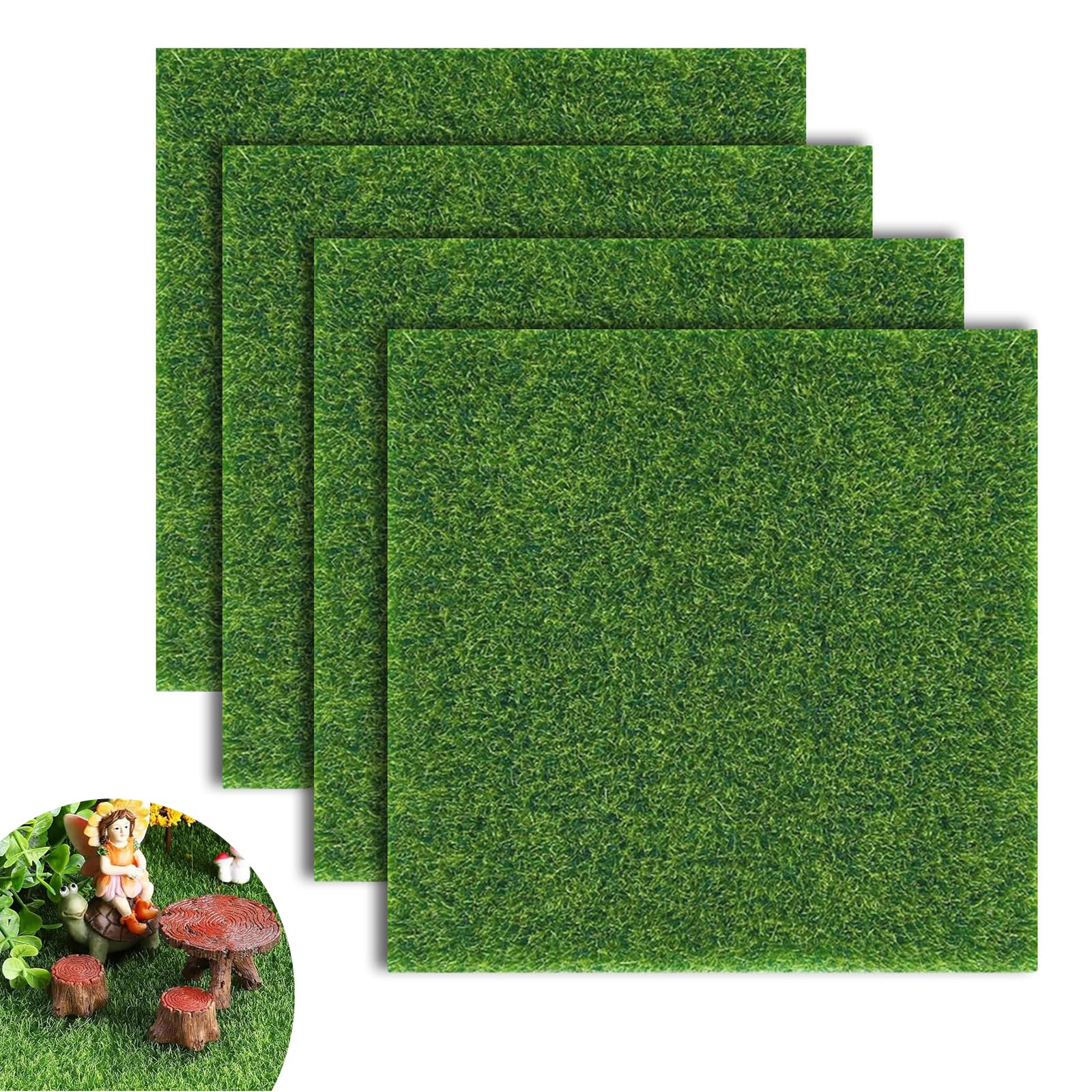 Krenie Green 4Pcs Fake Artificial Grass Mat – 15 X 15 Cm Mini Model Grass For Crafts And Dioramas – Static Turf Grasses Lawn For Dollhouses, Toy Farms, Landscape Models, Diy Garden Decor Display