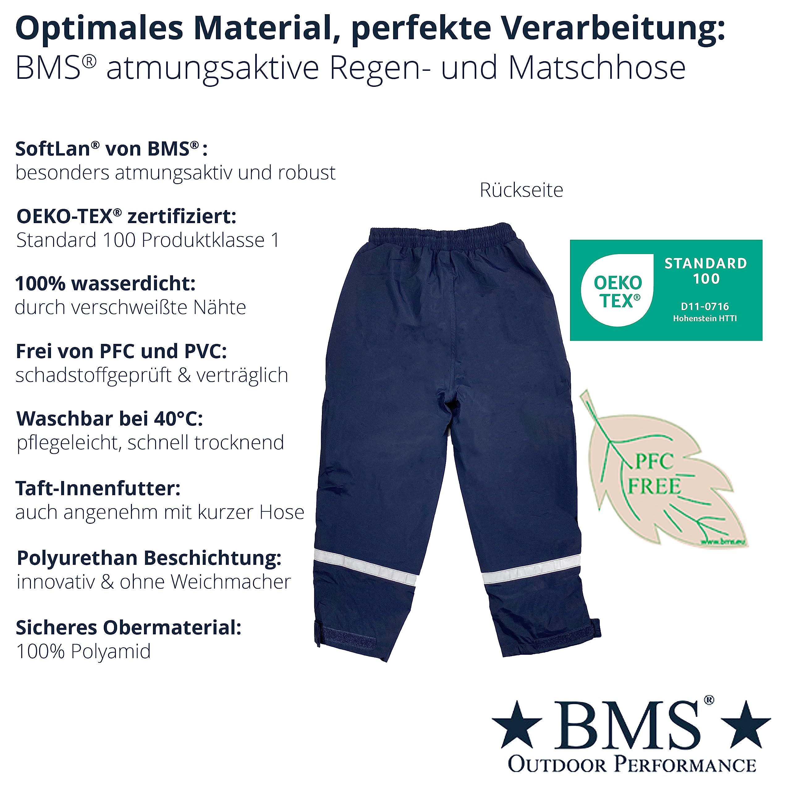 BMS® Oddychające spodnie przeciwdeszczowe dla dzieci, bez szelek, idealne spodnie na błoto, 100% wodoszczelne, wyjątkowo oddychające dzięki technologii SoftLan, Oeko-Tex, wytrzymałe, trwałe dla