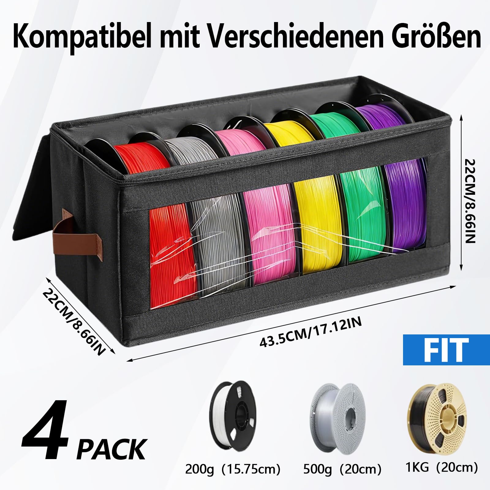 4 Stück 3D Drucker Filament Aufbewahrung mit Griff für 24 Rollen | Tragbare Filament Box mit Reißverschluss für 3D Druck Filament Versiegelung und Schutz,Wasser Staubdicht,Sichtbare Display