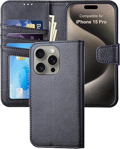 Funda tipo cartera para iPhone 15 Pro de 6.1 pulgadas, de piel sintética, con bloqueo RFID, soporte para tarjetas, a prueba de golpes, doble cierre