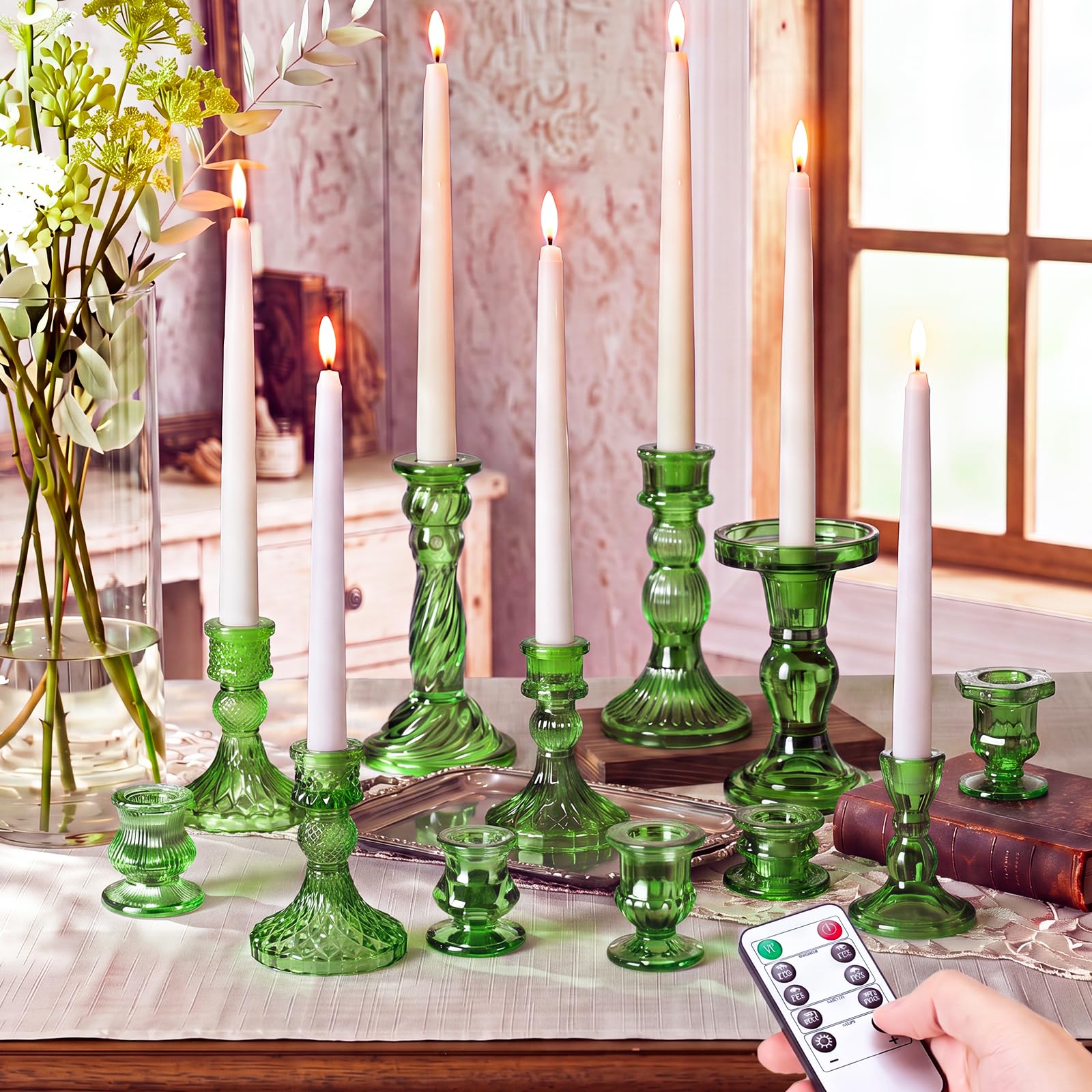 Mumufy 24 portavelas cónicos de cristal verde con velas sin llama