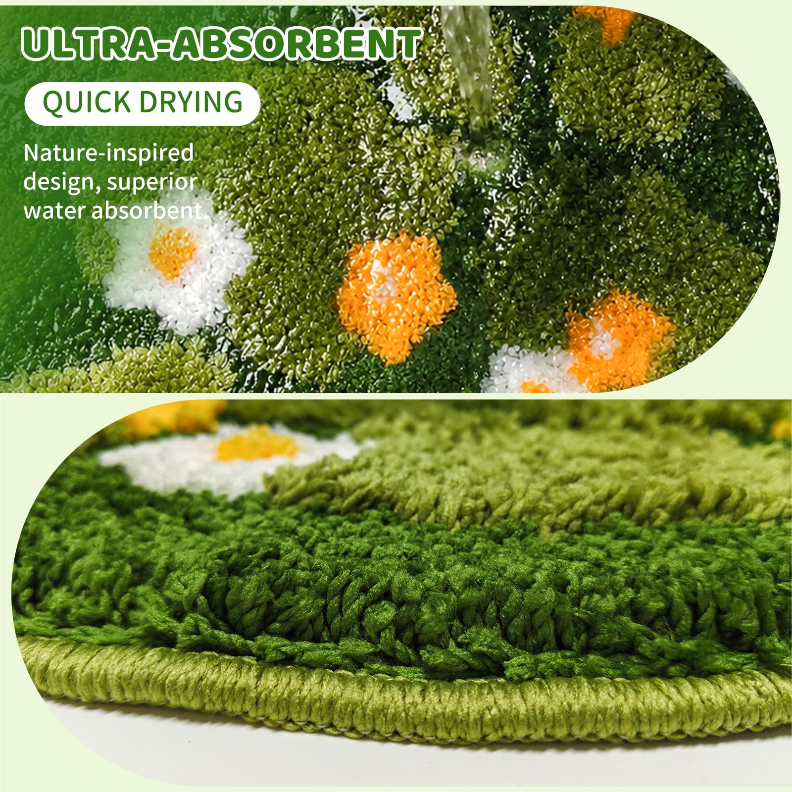 Tappetino da Bagno Verde a Fiori e Muschio, Tappeto da Bagno in Microfibra Spessa 3D Tufted Morbido e Soffice, Antiscivolo Lavabile Assorbente 60x60 cm