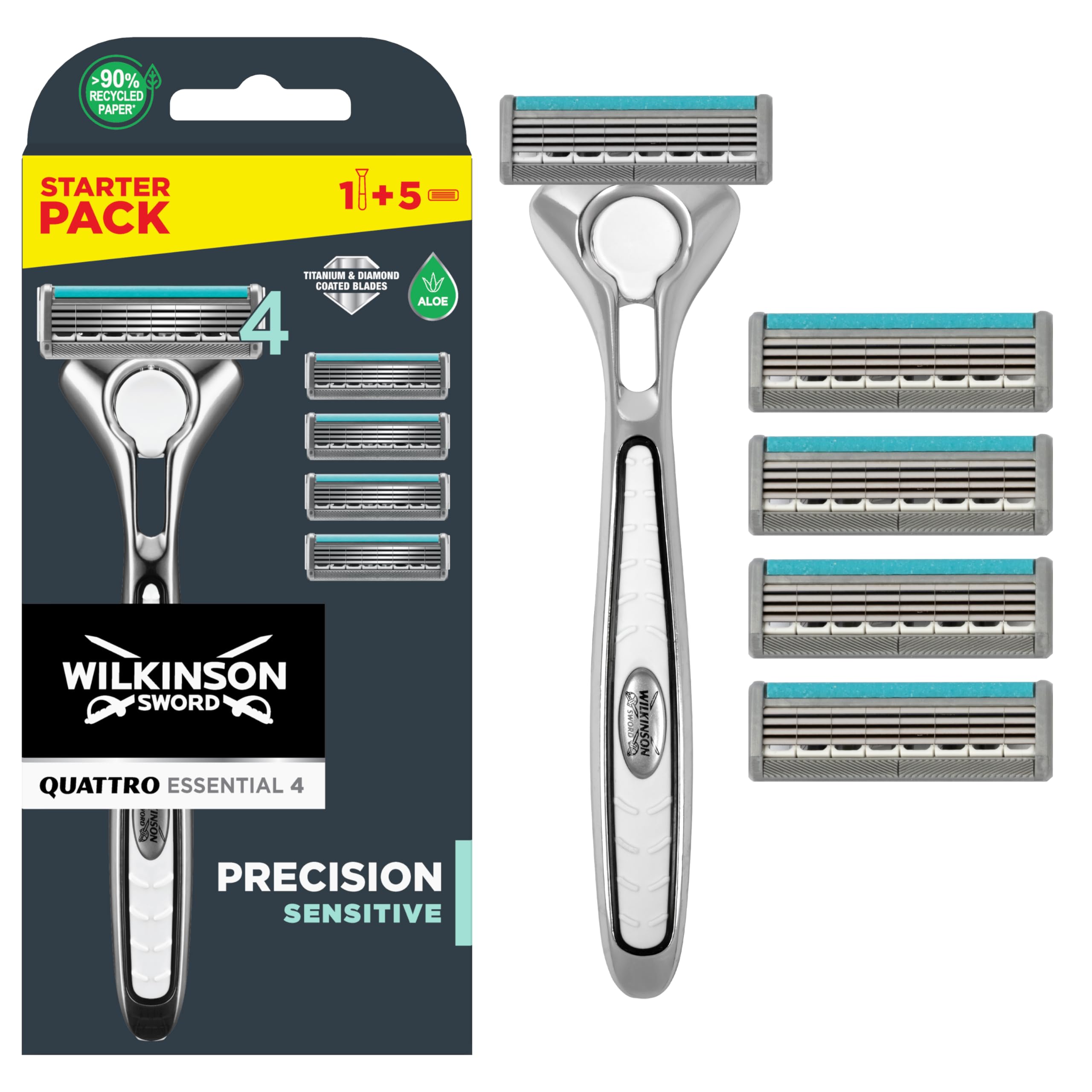 Wilkinson Sword Quattro Titanium Sensitive 4 Razors + 1 Blade – Pack of 5)