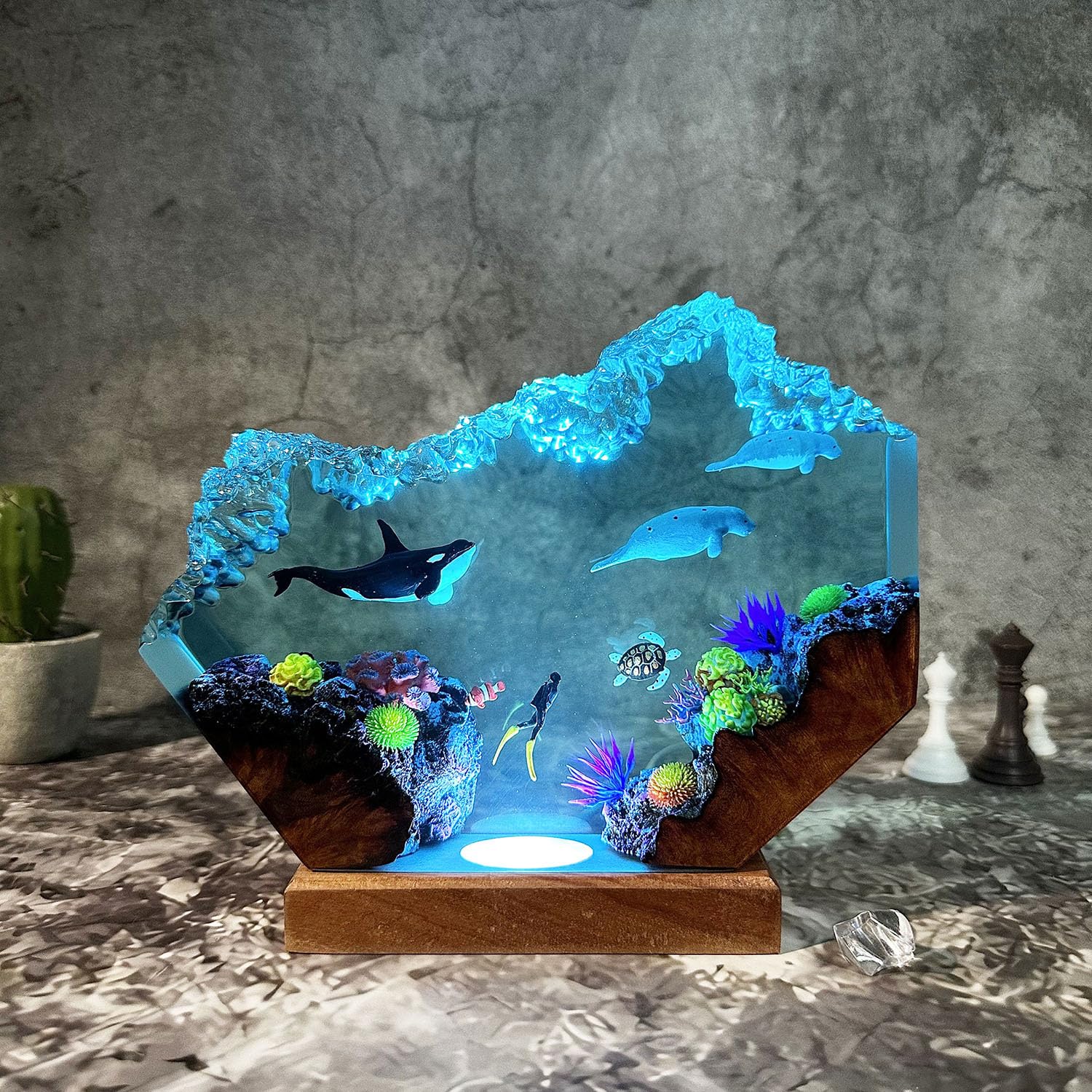 Lampy z żywicy, unikalna dekoracyjna lampka nocna oceaniczna z kolorową podstawą świetlną do domowego biura i sypialni, dekoracja biurka do nurkowania głębinowego, artystyczna ozdoba