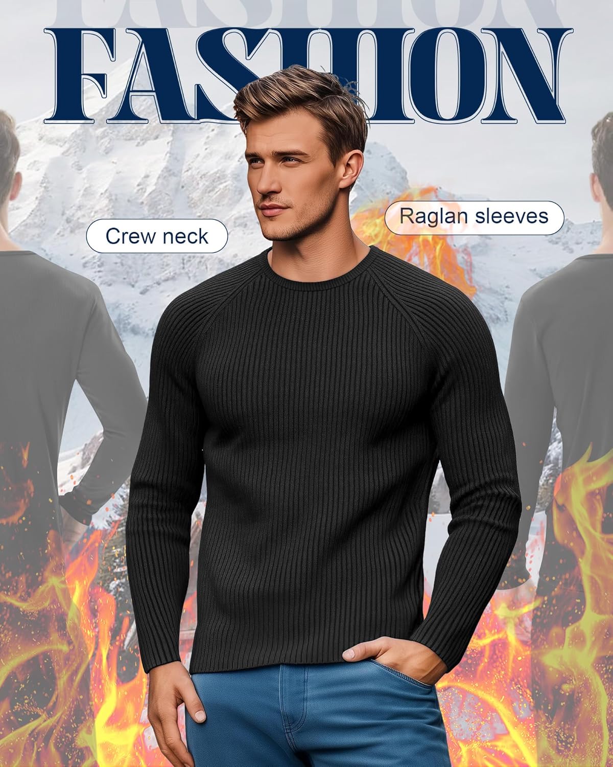 5 Pack Men's Cotton Thermal Shirts Long Sleeve Ribbed Crewneck Tops Slim Fit Underwear Winter Base Layer Multipack