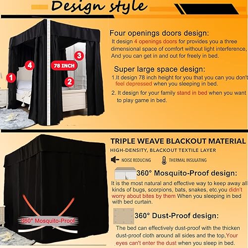 Miniatura 7 de Obokidly - Mosquitera de color negro o 4 esquineros para cama o dormitorio de decoración para adultos y niñas, toldos para niños