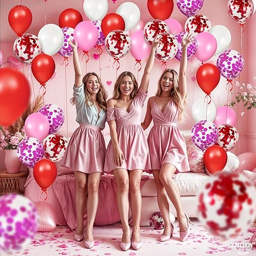 Miniatura 3 de KatchOn, Globos rojos y rosados de San Valentín, paquete de 50, globos para el día de San Valentín con confeti, globos rosados y rojos para