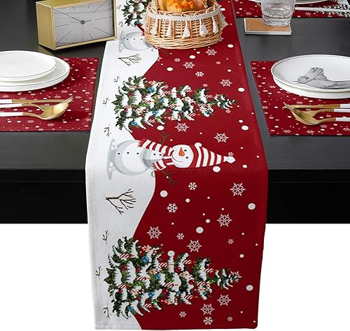 Victories Juego de 6 caminos de mesa y manteles individuales de Feliz Navidad, muñeco de nieve, copos de nieve, decoración roja, algodón y lino de