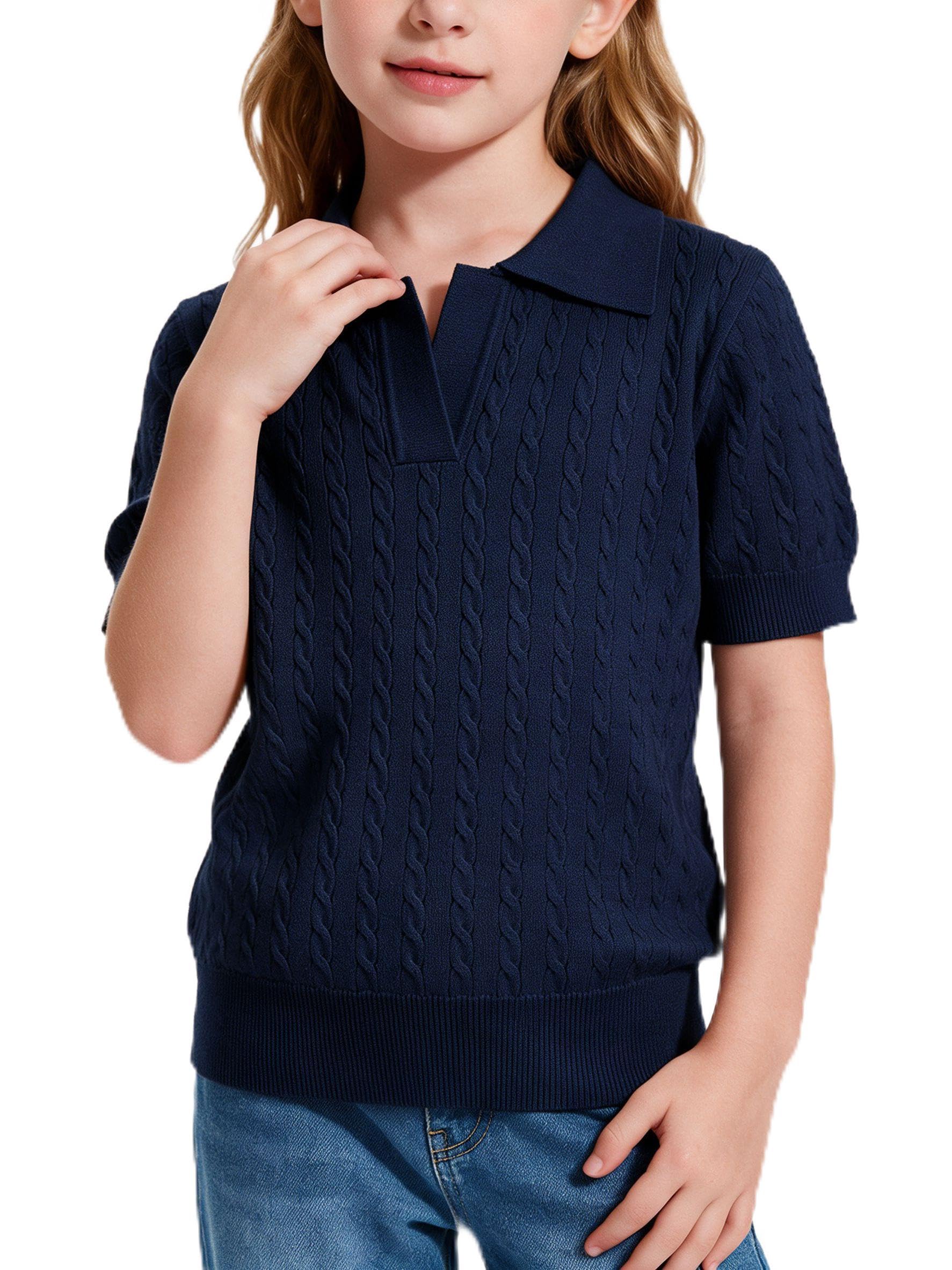 Girls Short Sleeve Polo Shirt Summer Knit School Uniform Blouse V Neck Cable Pullover Sweater Tops 5-14 Years