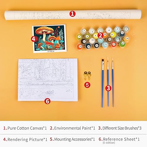 Miniatura 5 de Pintura por números Colorida de hongos y luna, pintura por números para adultos, pintura con pinceles, kits de pintura por números para adultos
