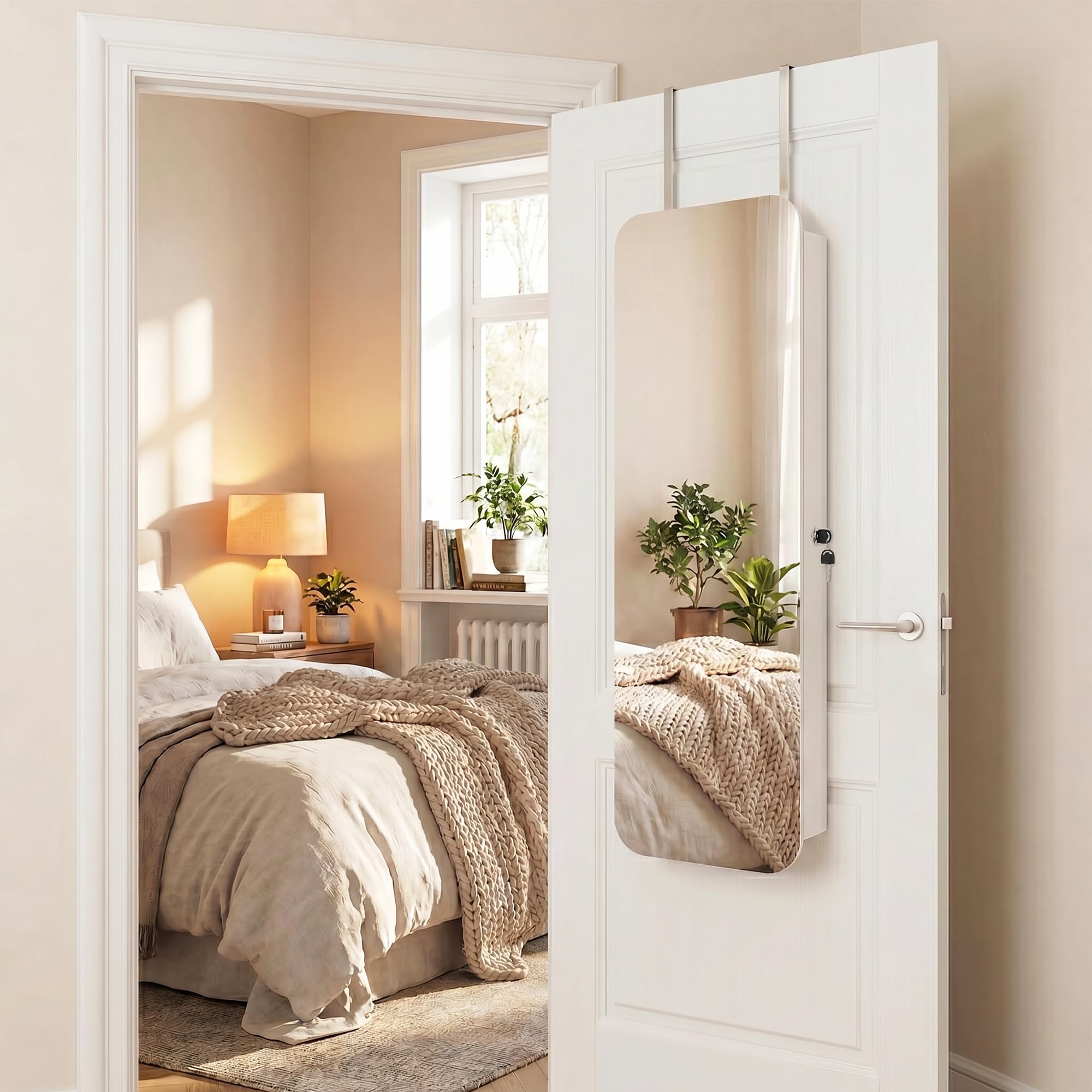 HOMCOM Espejo Joyero con Luz LED, Armario Joyero Montado en la Pared o en la Puerta, Armario para Joyas con Cerradura, Espejo Entero sin Marco, 2 Cajones, para Regalo, 37x10x120 cm, Blanco
