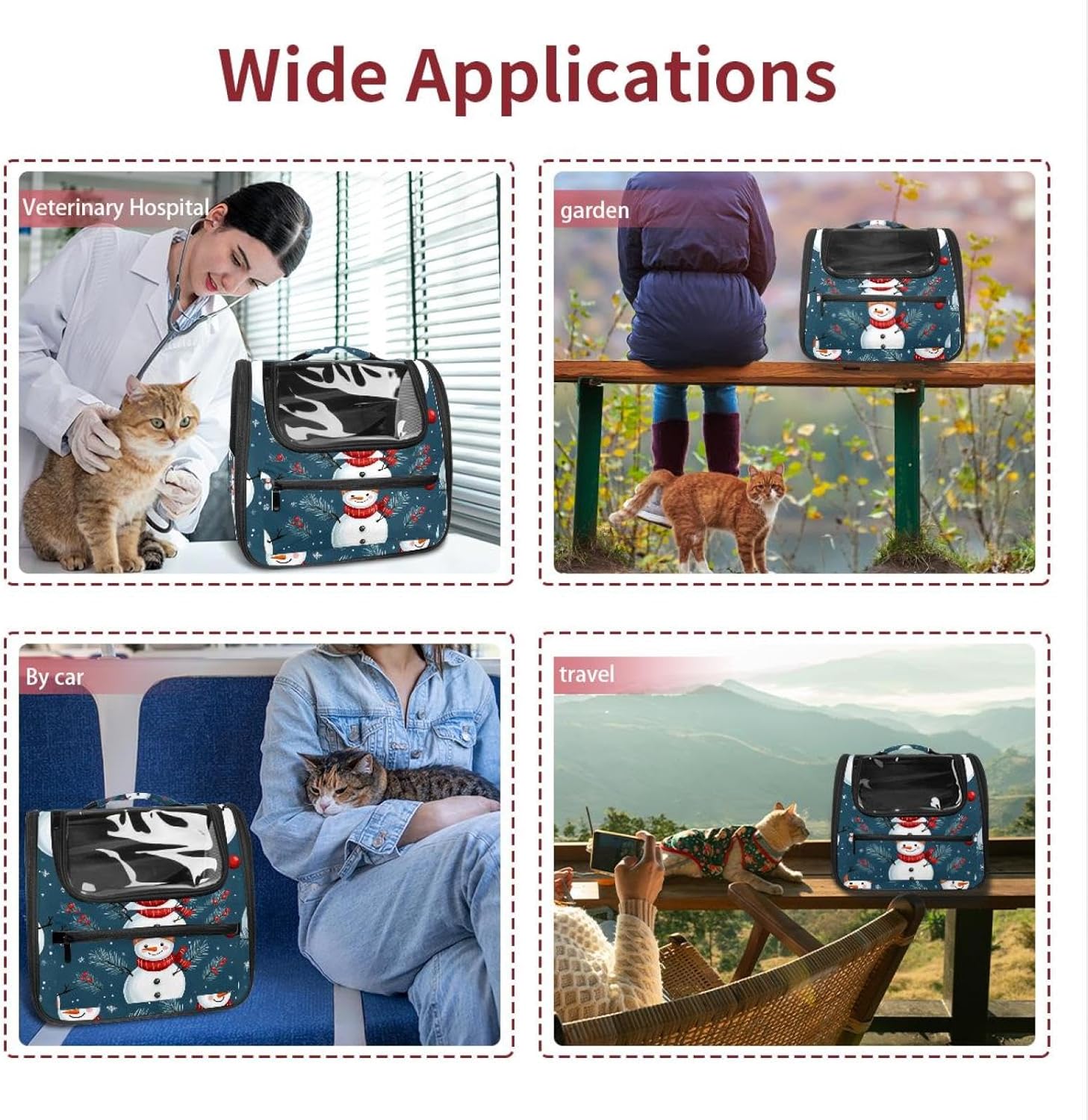 Merry Christmas Snowman Pet Carrier Airline Approved Soft Sided Portable Cozy Travel Pet Bag, Car Seat Safe Carrier for Cats and Dogs