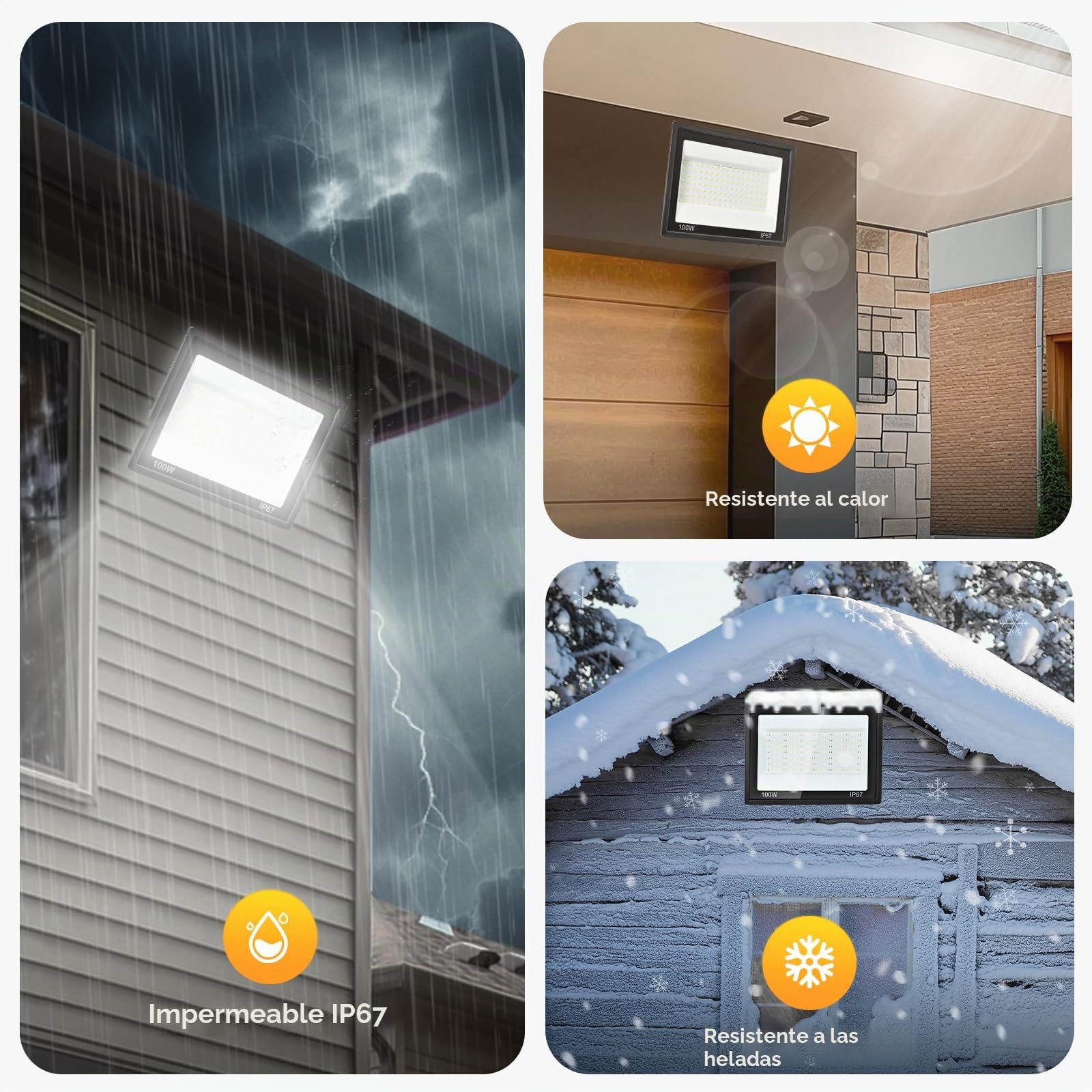 Foco LED Exterior 100W,Iluminación de Seguridad,7000K Blanco Frío,10000LM Super Brillante,IP67 Impermeable,119 LEDs,Foco de Exterior para Jardín,Patio,Garaje,Taller, Pasillo