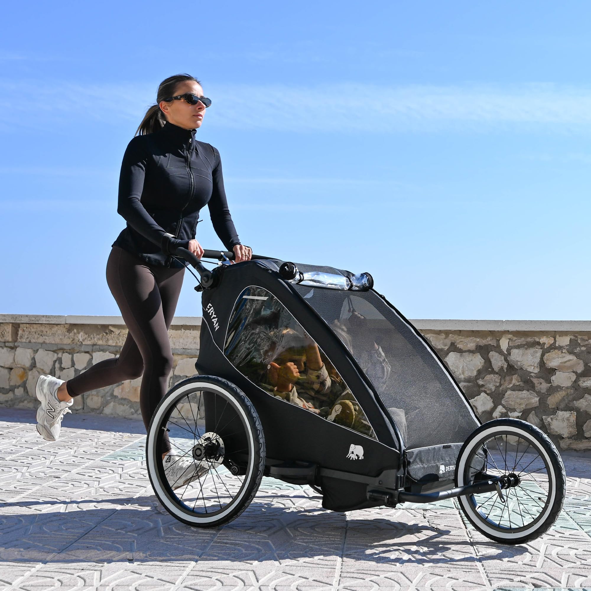 Deryan Luxus 3-in-1 Rimorchio per Bicicletta v2 per 2 Bambini – Rimorchio per Bicicletta, Passeggino & Jogger – Passeggino Multifunzionale con Cintura a 5 Punti – Nero