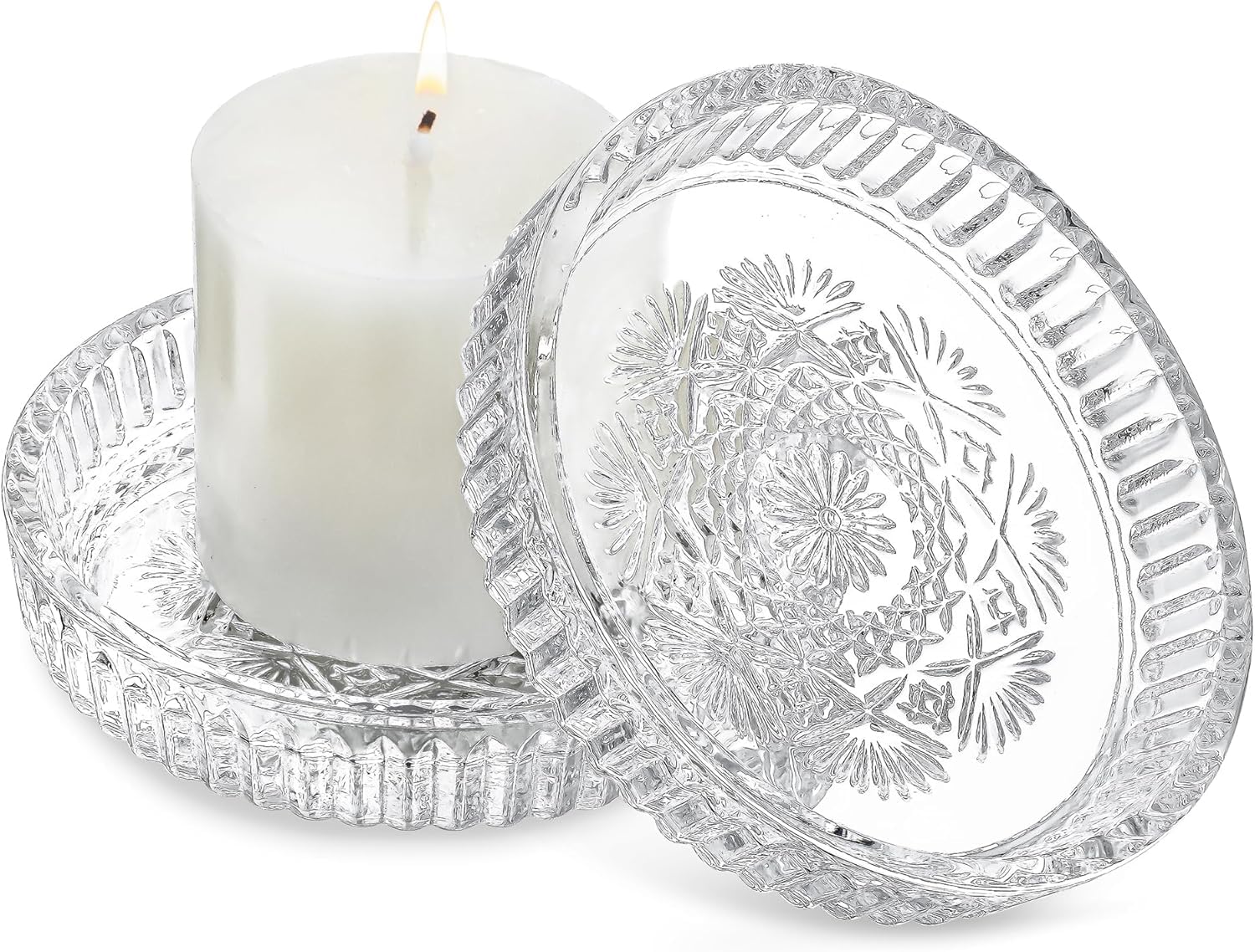 FUNKYFINDS 3.5 Inch Glass Coaster Round Votive Candles Holder Plates, Crystal Glass Candle Holder Plates for Pillar Candles, Clear Candle Trays for Home Wedding Decor (Set of 2)-image-3