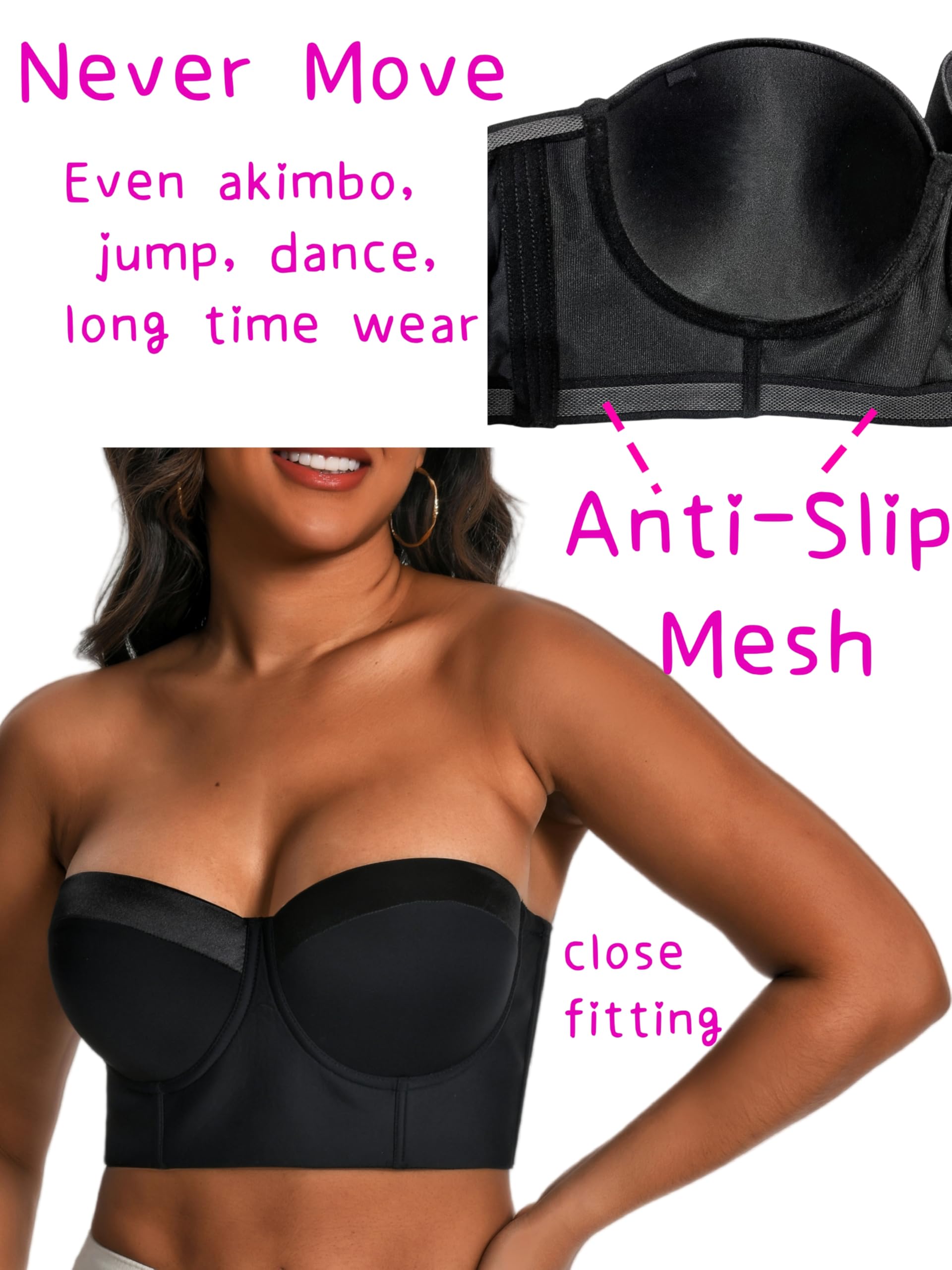 Women Longline Strapless Bra Back Smoothing Support with Clear Straps for Big Bust Fat, No Move on Wedding Party C/D/DD/DDD: 42DDD Red