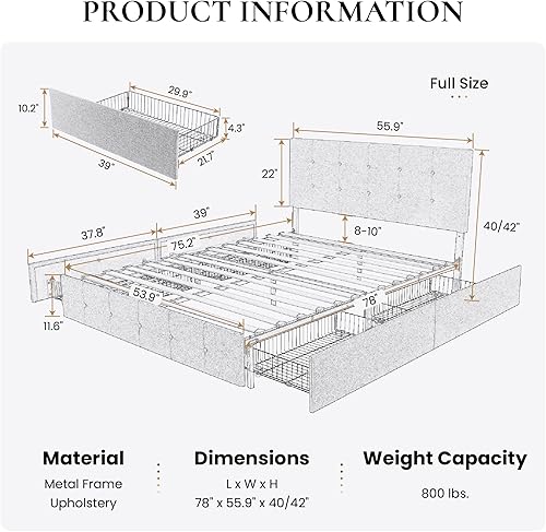 Miniatura 2 de SHA CERLIN Base de cama tapizada de tamaño matrimonial con 4 cajones de almacenamiento, cabecera ajustable con diseño de botones cosidos cuadrados,