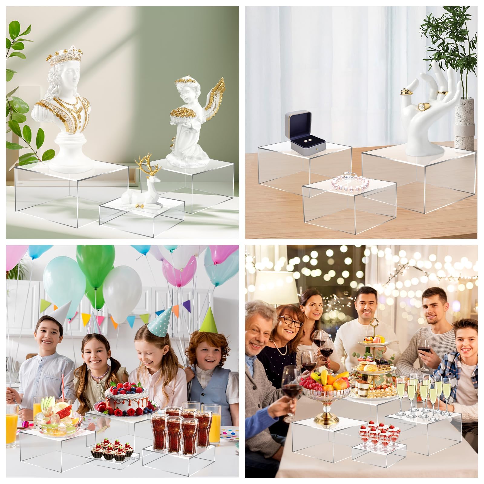 Rehausseurs de Buffet, 4pcs Élévateurs de Buffet en Acrylique, Présentoirs à Dessert Rehausseurs, Support Cubique pour Cupcakes, Bonbons, Brunch, Bjets Collection, Bijoux, Mariageset Fêtes