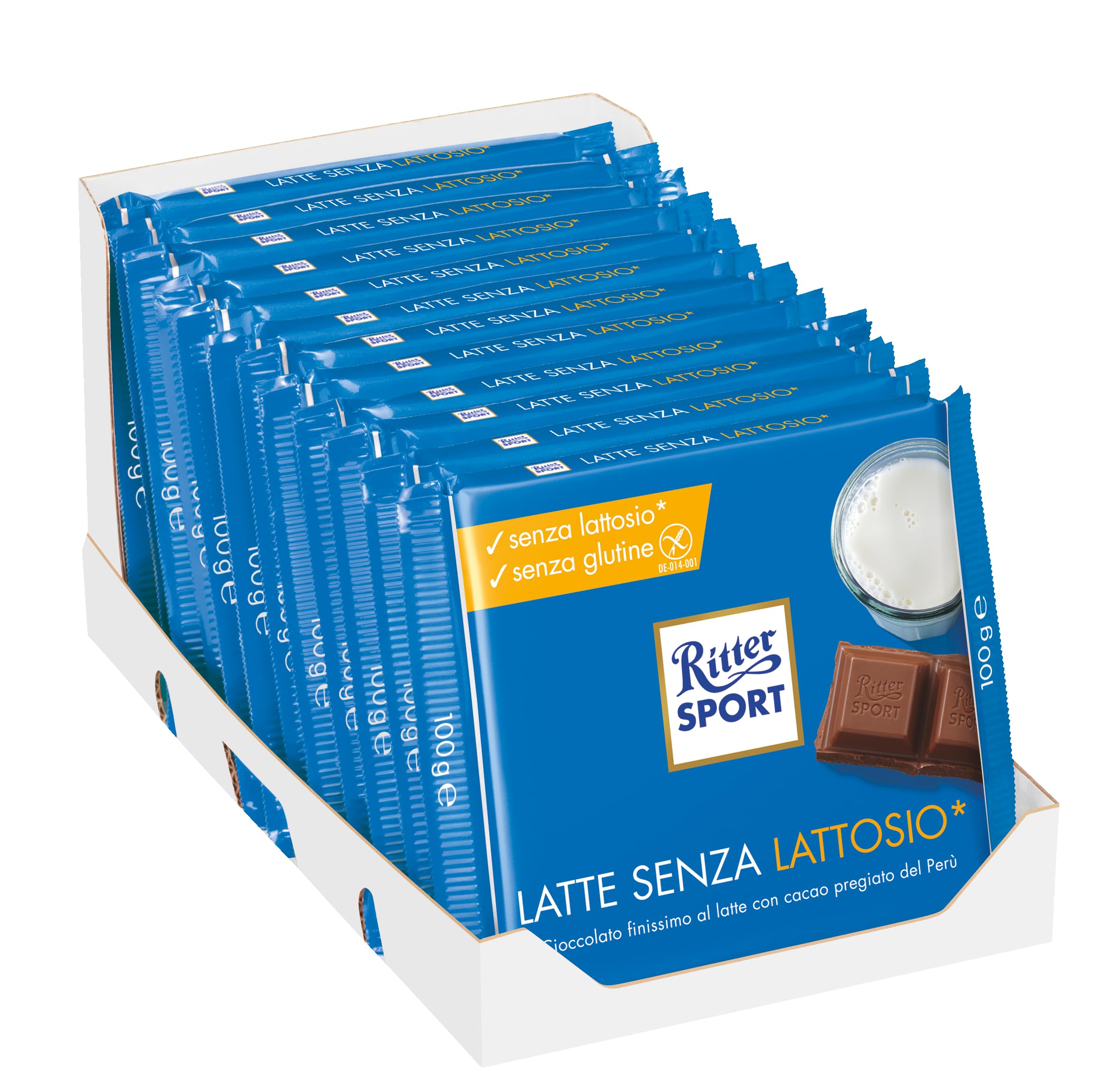 RITTER SPORT Latte Senza Lattosio, Tavoletta di Cioccolato al Latte Senza Lattosio, Cacao 100% Certificato Sostenibile, Senza Glutine, 12 Pezzi da 100 g