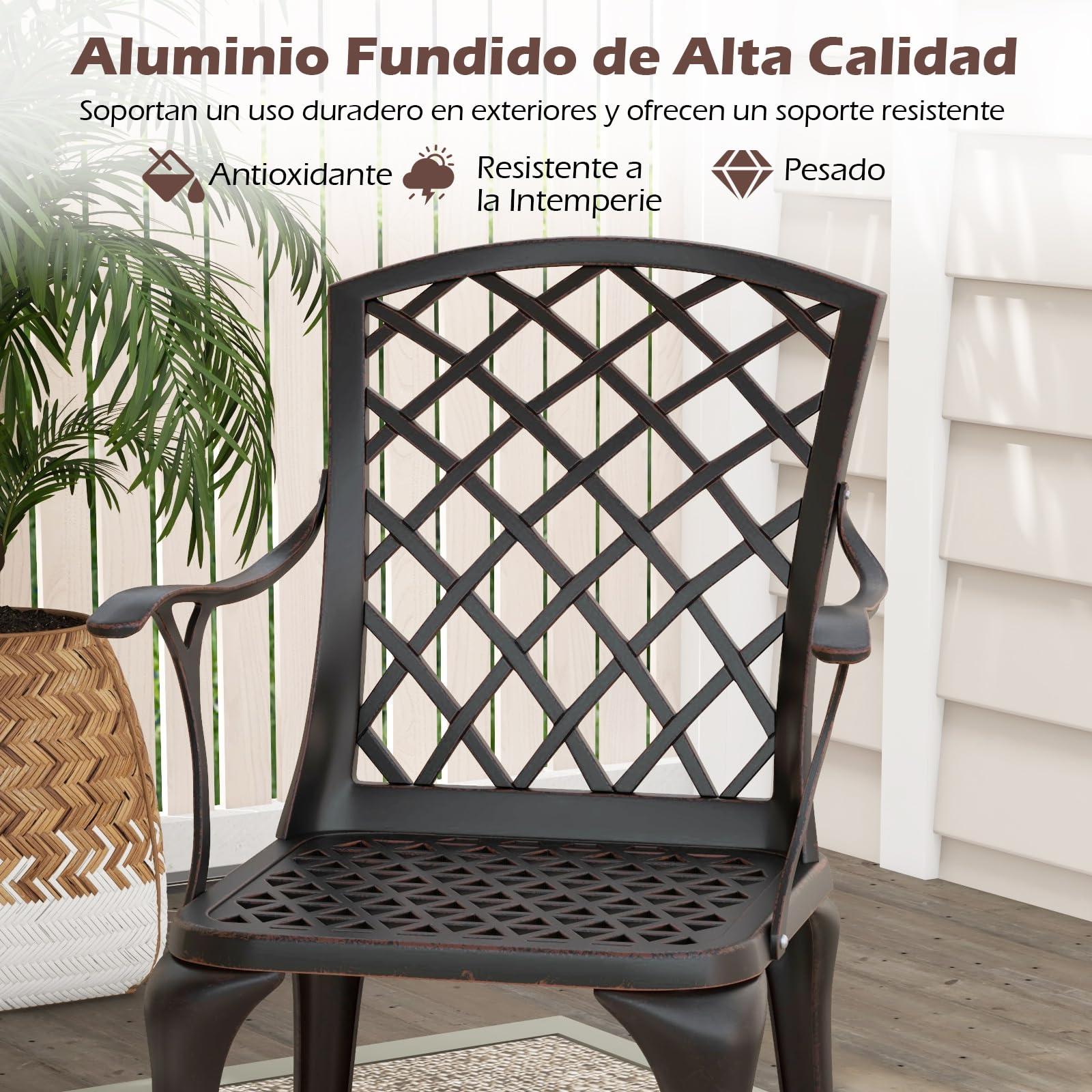 GOPLUS Juego de 2 Sillas de Jardín, Sillas de Comedor Aluminio Fundido Resistentes a la Intemperie, Respaldo y Reposabrazos, para Jardín, Patio, Balcón (Bronce)