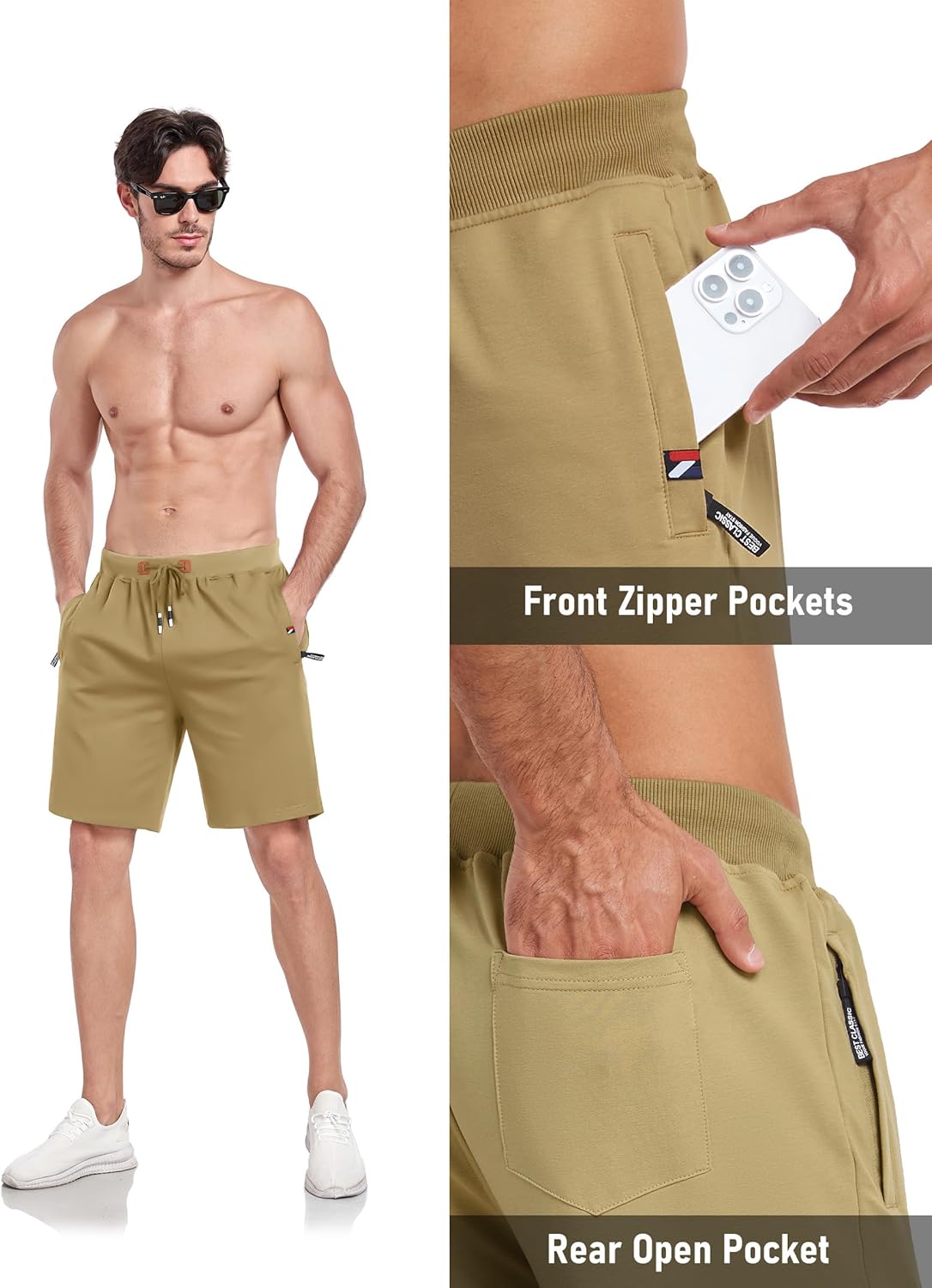 GEEK LIGHTING Mens Shorts Casual Cotton Drawstring Zipper Pockets Elastic Waist Lightweight Summer Athletic Beach Shorts - Image 3