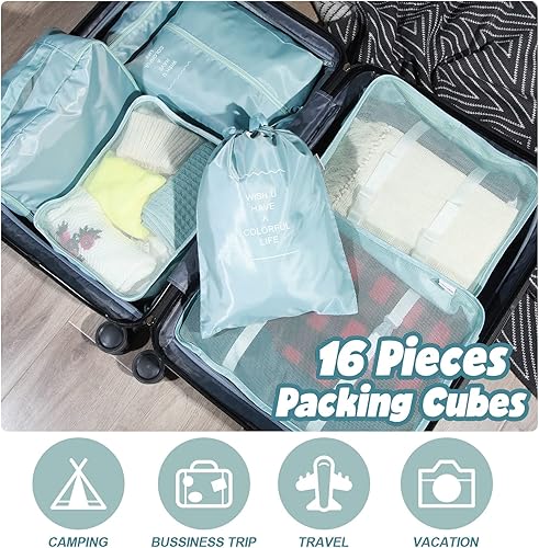 Miniatura 4 de Juego de 16 cubos de equipaje organizadores de equipaje, bolsas organizadoras de maletas de viaje, cubos de equipaje con bolsa de aseo y bolsa para