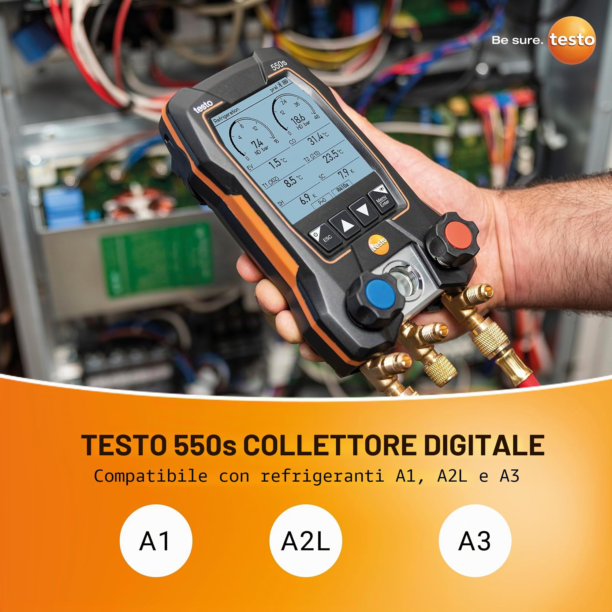 Testo Set Manometri Collettore AC 550s - Manometri collettore HVAC e refrigerazione - Incl. 2 sonde a morsetto di temperatura cablate - Kit ricarica CA con surriscaldamento, sottoraffreddamento con