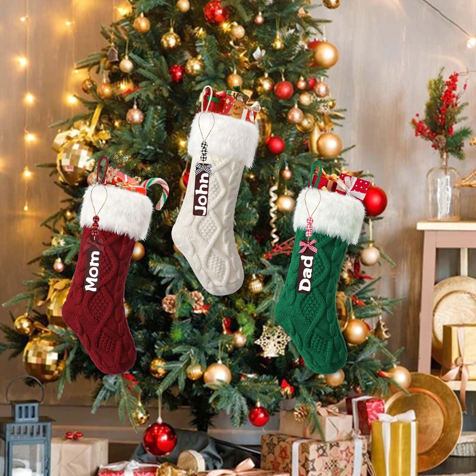 3 pezzi Calze natalizie lavorate a maglia in lana con targhette con nome, calze di Natale decorative, calze di Natale per feste di Natale, decorazioni natalizie e regali per bambini
