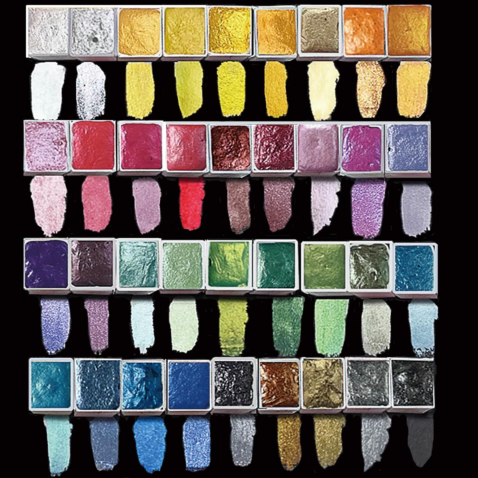 MEI COLOUR Metallic Watercolor Paints Set for Adult Artists, 36 Glitter Solid Water Color Paint 2ml Half Pans Metal Case Sparkle Pearlescent