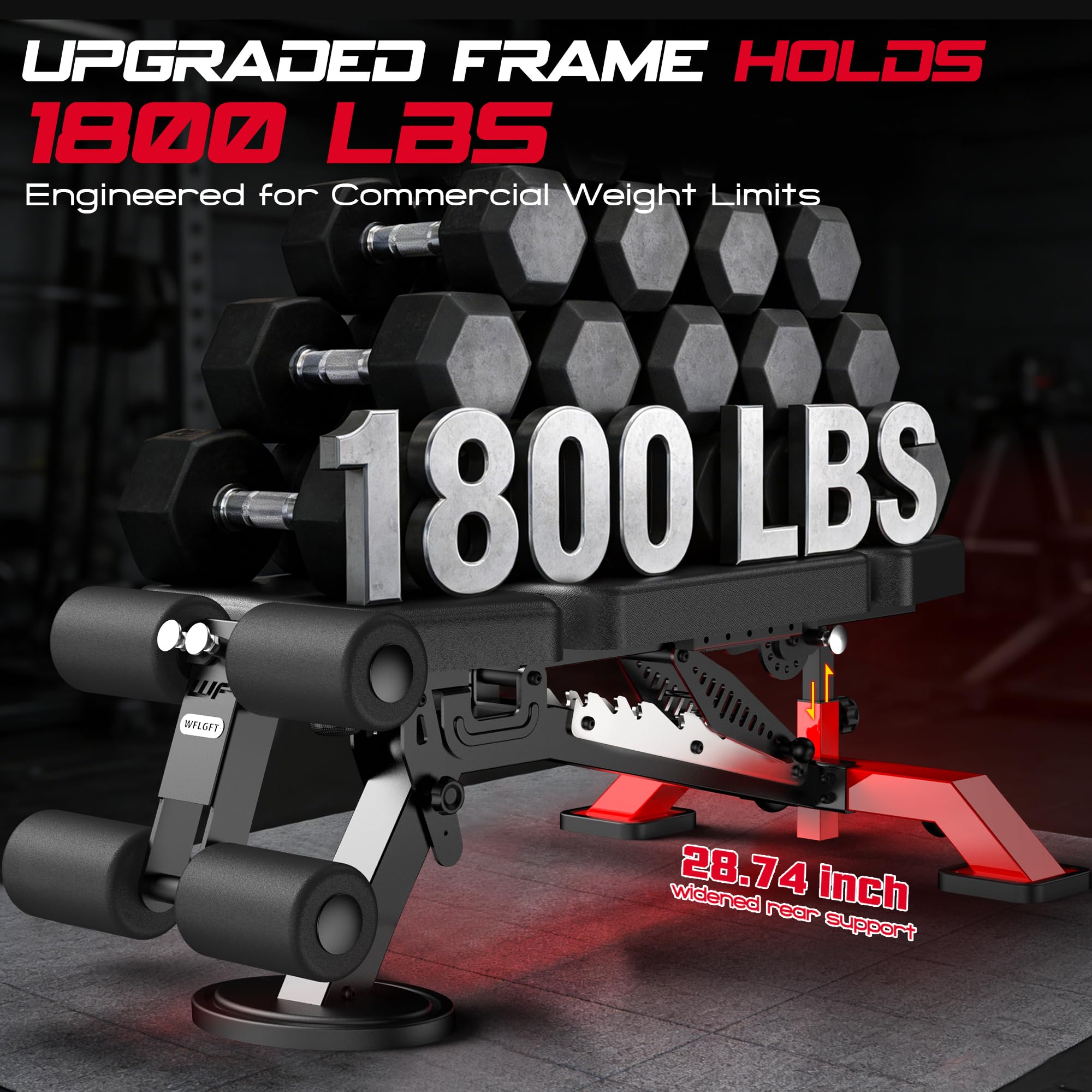 Commercial Adjustable Weight Bench, Heavy Duty 1800LBS | Workout Bench for Home Gym, Flat, Decline, Incline Bench Press, Removable Leg & Elbow Support for Full Body Strength Training