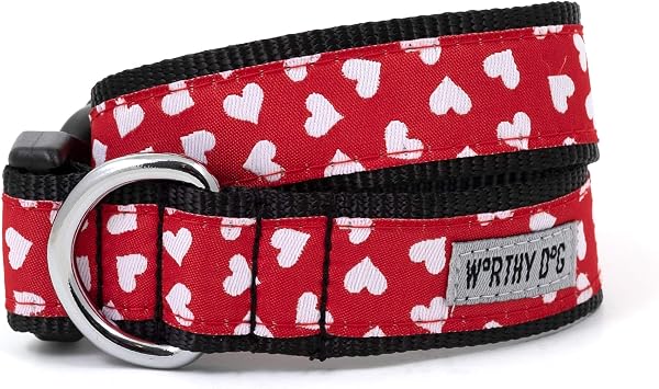 THE WORTHY DOG Adjustable Holiday Dog Collar for Large Dogs, Durable Nylon Webbing, Quick Release Buckle, Be Mine Hearts Valentines Day Pattern, Red, X-Large