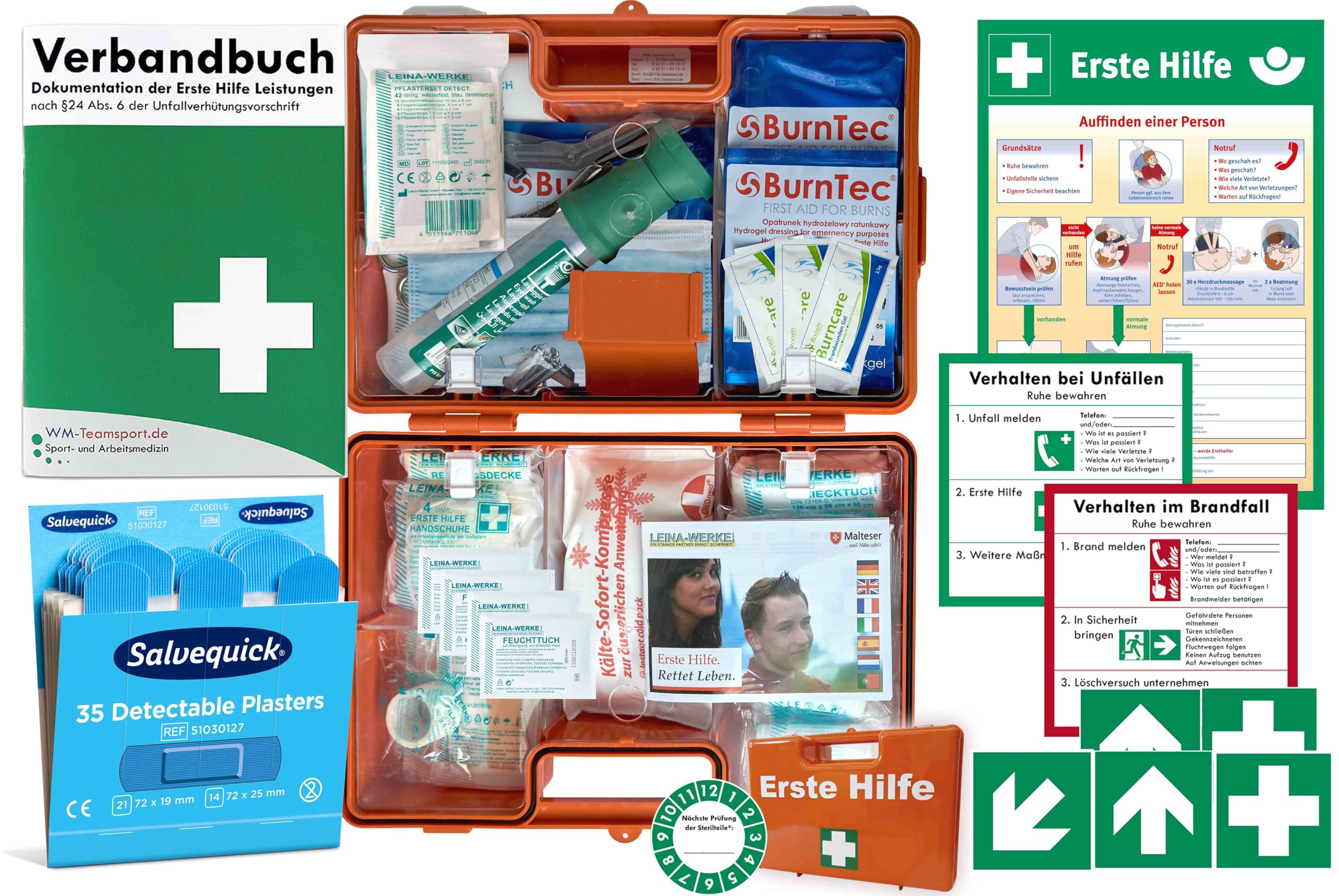 Erste-Hilfe-Koffer GASTRO Komplettpaket für Küchenbetrieb & Lebensmittelindustrie - aktuelle DIN/EN 13157 inkl.Augenspülung + Brandgel + detektierbare Pflaster + Hydrogelverbände + Aushang & Aufkleber