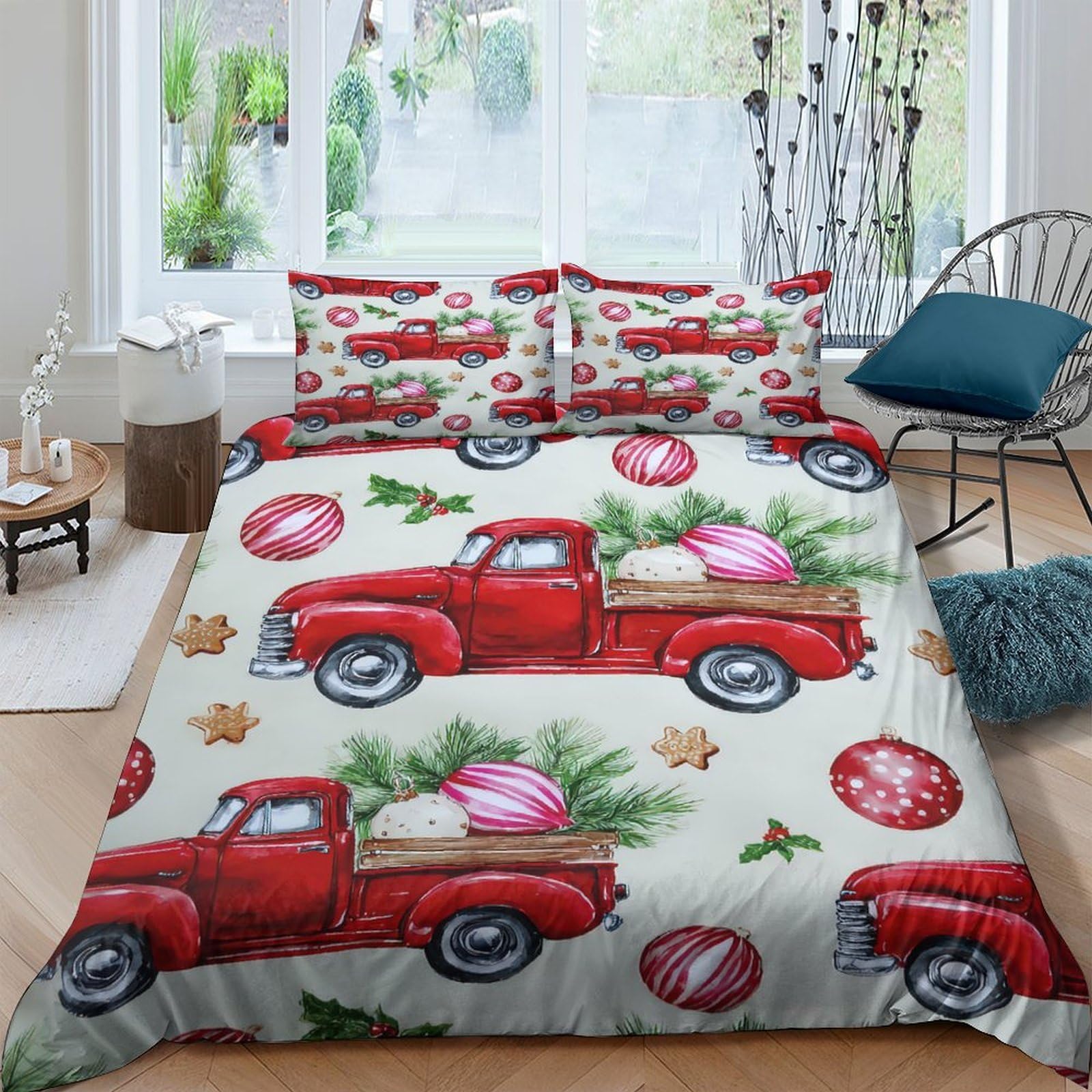 Ctjqhvkz Style-5 3D Printed Christmas Red Truck Fitted Sheet Microfiber Festive Ornament Bed Cover For Bedroom Guest Room Decor Single（135X200cm）