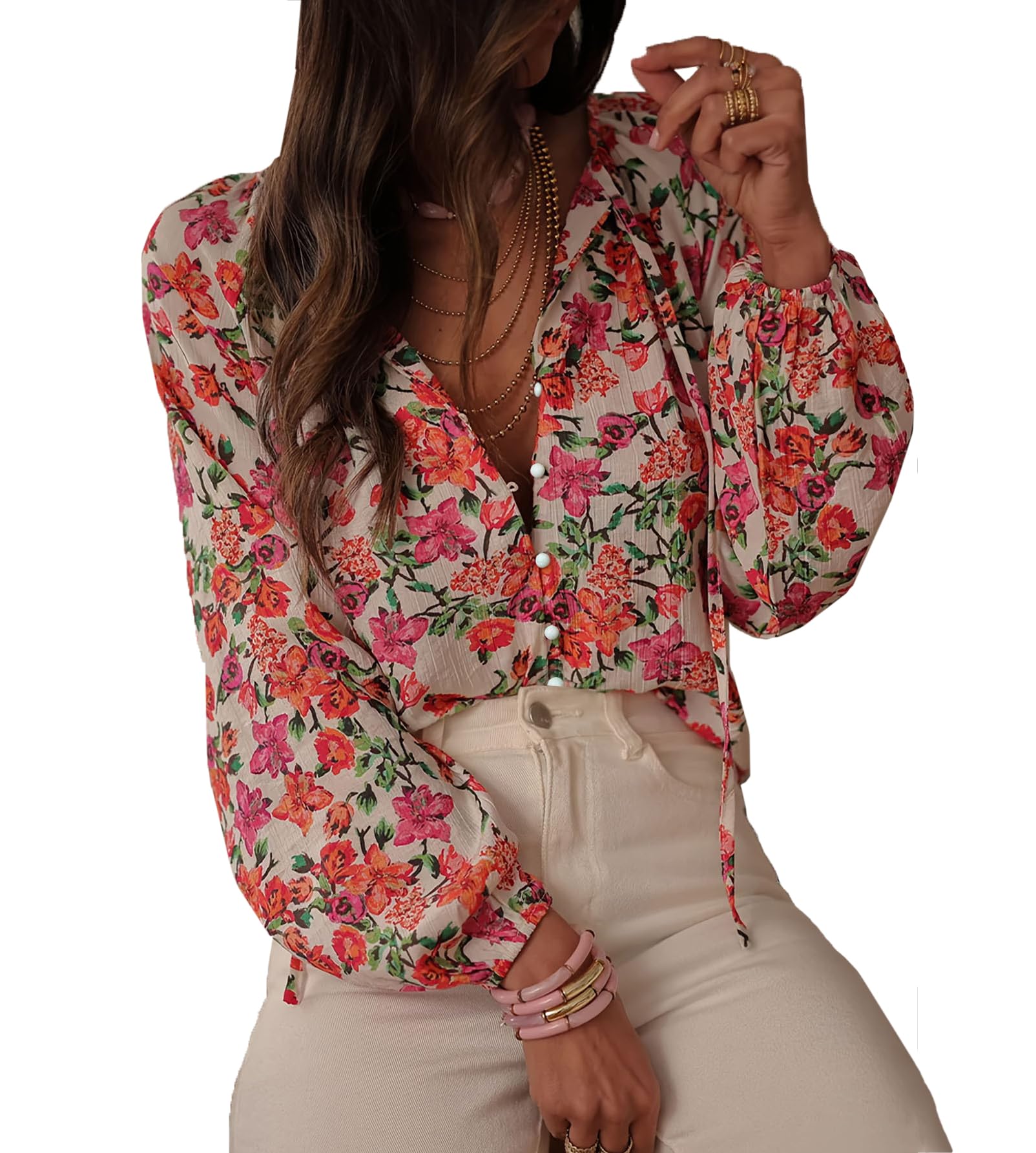 Chemisier Boutonné Vintage Floral pour Femme Manches Longues en Chiffon Hauts De Travail Professionnels
