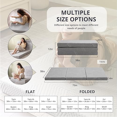 Miniatura 7 de Colchón plegable, colchón triple plegable de espuma viscoelástica de 4 pulgadas para cama de invitados de campamento, funda lavable y parte inferior