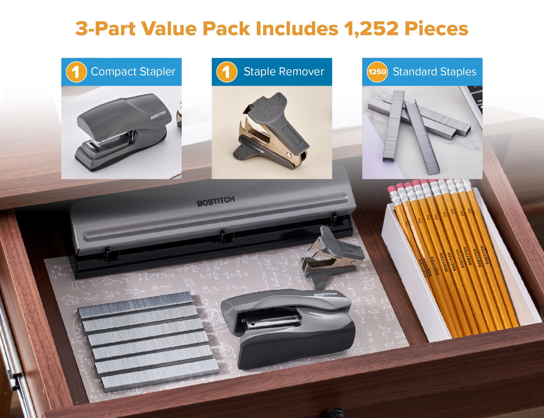 Bostitch Office - Grapadora resistente de 40 hojas con 1250 grapas y removedor de garras, tamaño pequeño, cabe en la palma de tu mano, paquete económico, gris (B175-GRAY-VP)