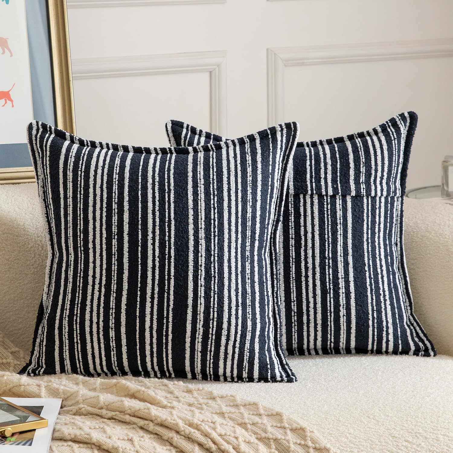 Madizz Decorative Boucle Dark Blue Cushion Covers 60x60 cm Pack of 2 Throw Pillows for Couch Sofa Boho Accent Striped Pillow Cases for Bed Cushion for Bedroom Living Room Modern Home Decor โ image 1