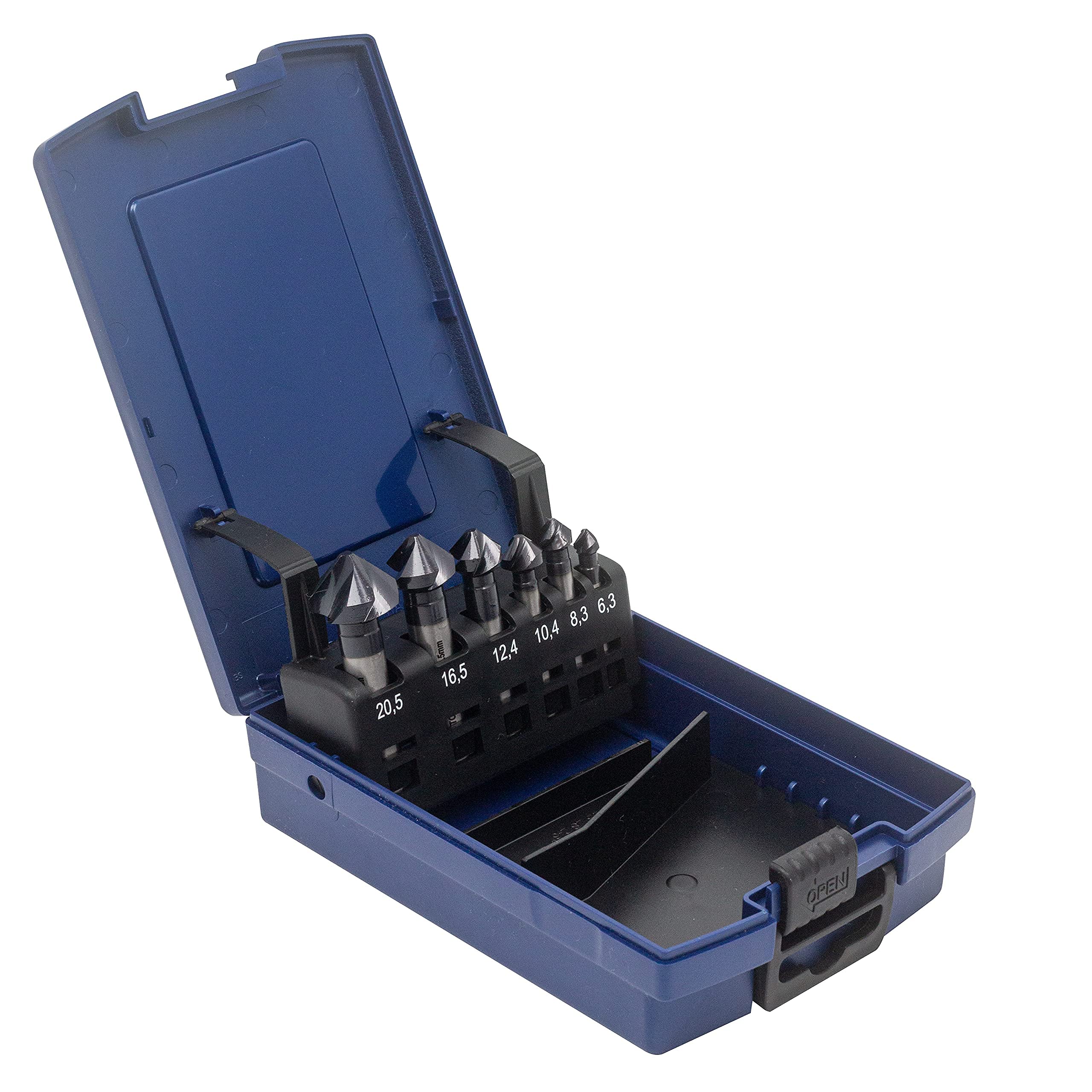 Set di 6 svasatori conici, HSS-E Co5, divisi in modo non uniforme, spiralizzati, rivestiti in AlTiN 6,3 mm - 20,5 mm, angolo di 90°