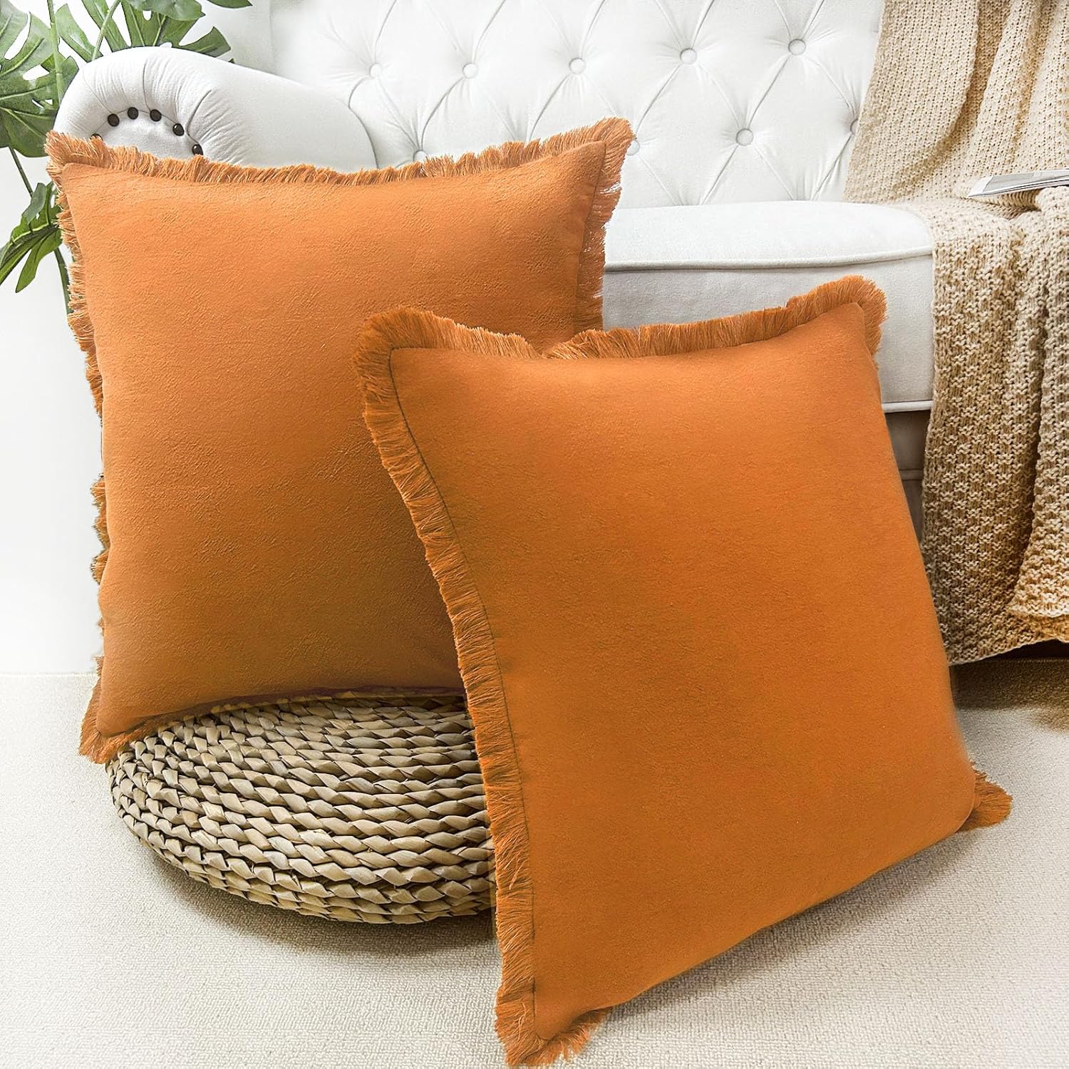 LMYUHONG Orange Decorative Throw Pillow Covers 18x18 Set of 2,Modern Farmhouse with Fringe Tassels Soft Chic Cotton Neutral Pillow Covers Solid Square Cushion Case for Couch Sofa Bed Boho Decor