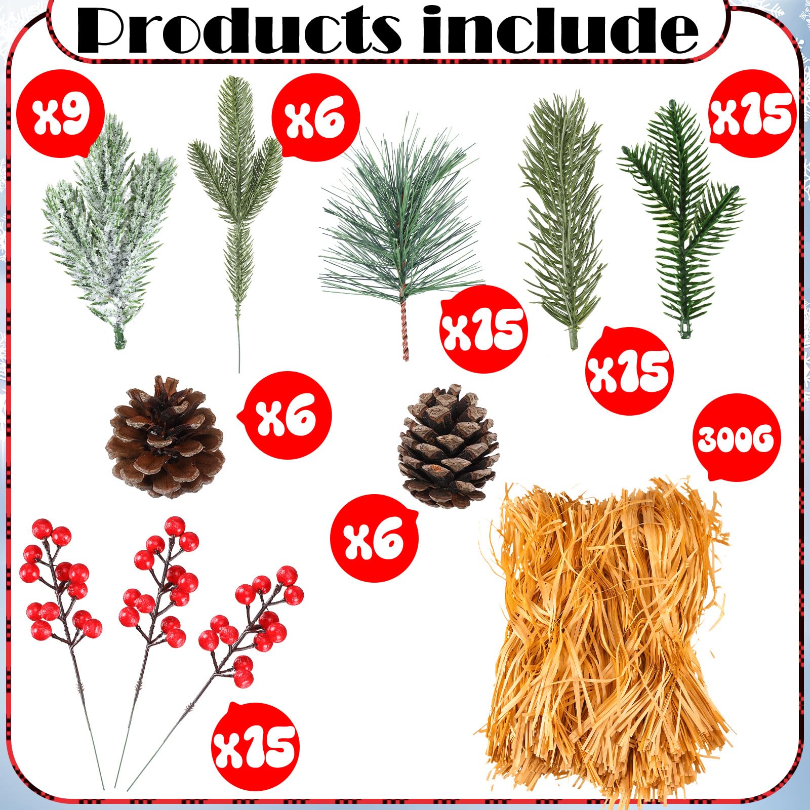 Hotop Lot de 3 centres de table de Noël avec lumières LED - 94 branches enneigées artificielles - houx et pomme de pin - Baies avec boîte en bois pour la ferme, les vacances, Noël, l'hiver, la