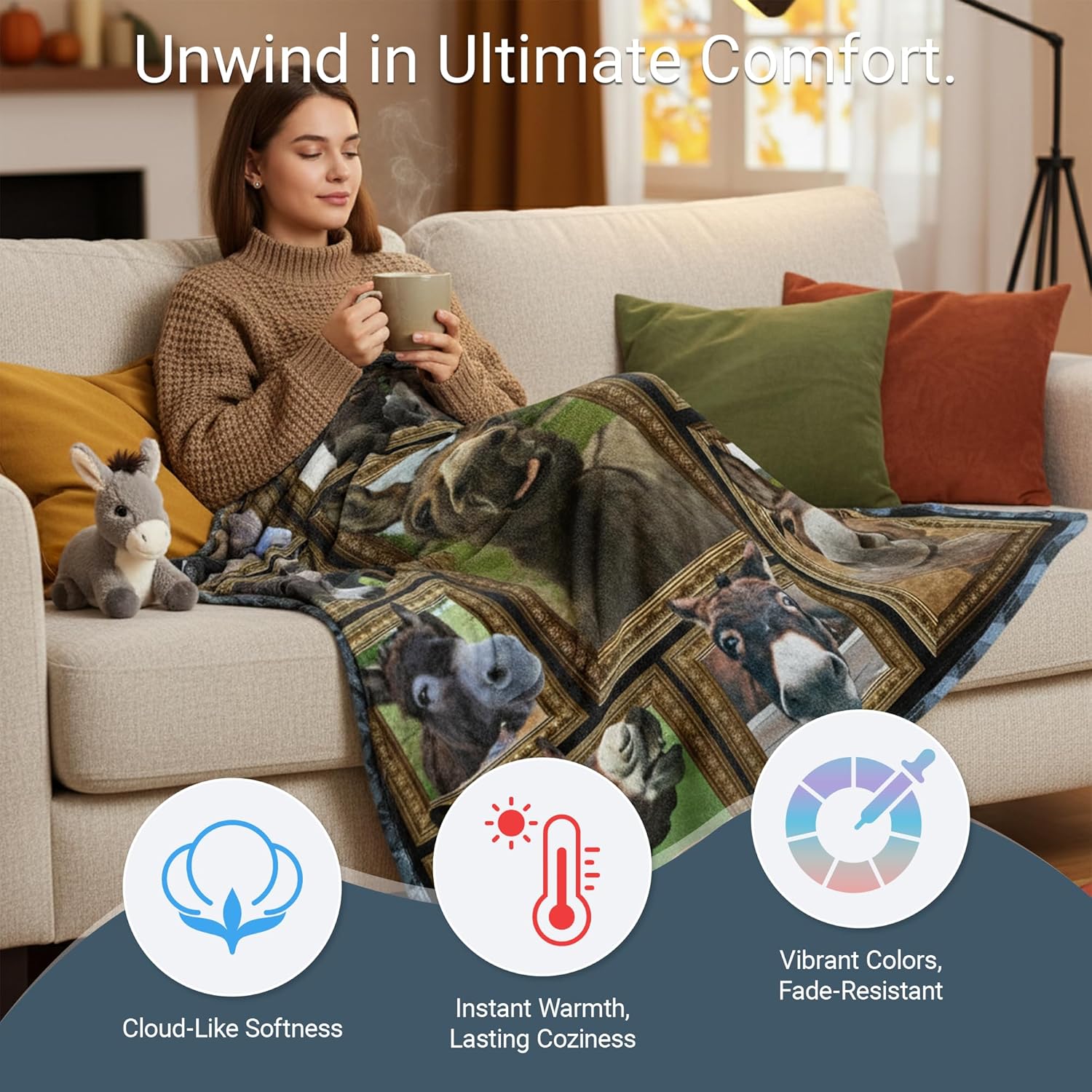 Donkey Blanket for Men Women, Gifts for Donkey Lovers Throw Farm Animal Blanket for Couch Bed Room Decor 50“x60” - Image 3