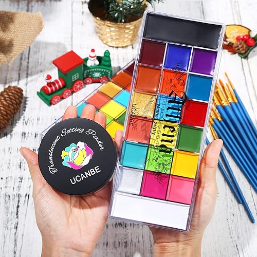 Vista 6 de UCANBE Athena - Paleta de aceite de pintura facial y cuerpo + polvo de ajuste translúcido + juego de 10 pinceles, kit profesional no tóxico