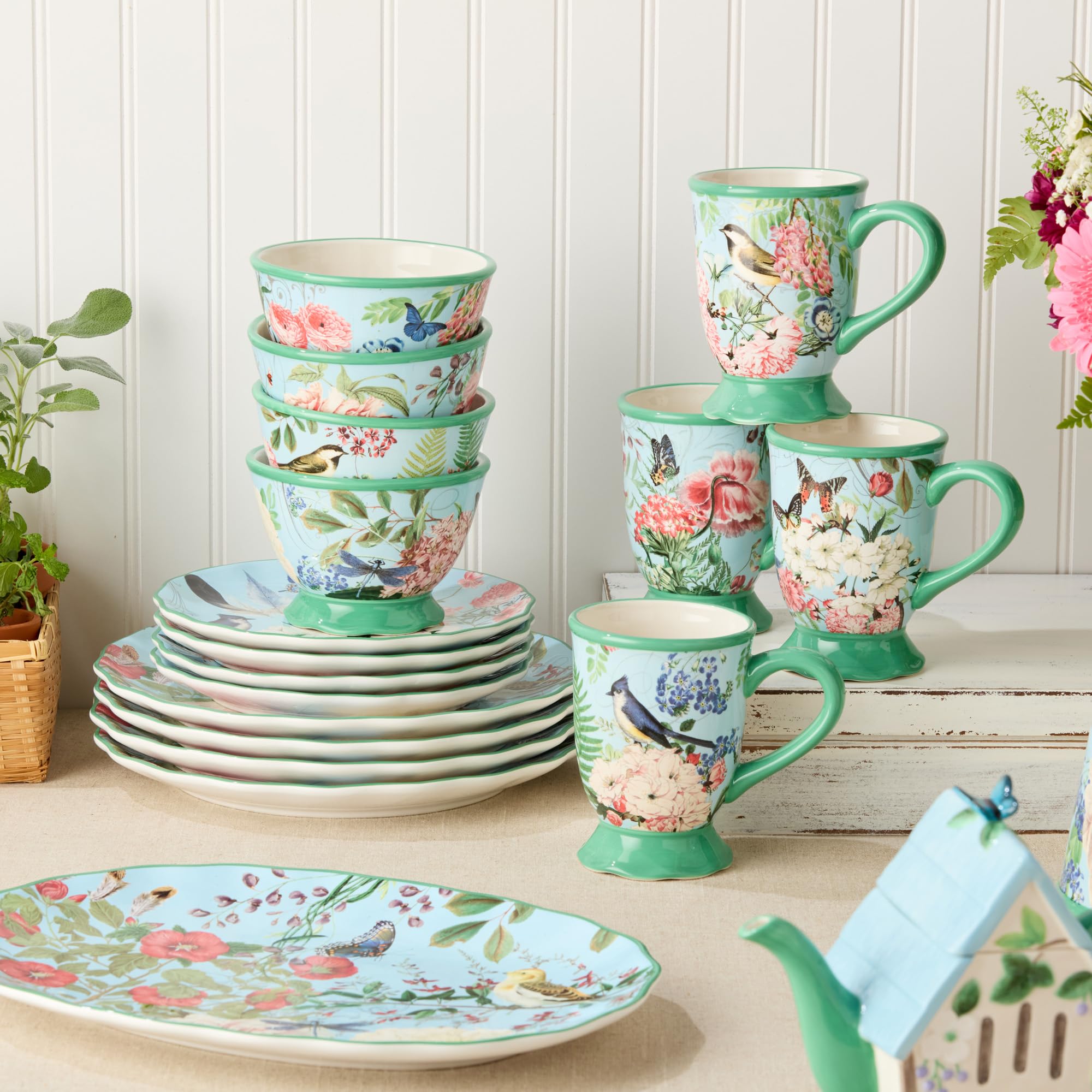 Certified International Flora - Juego de vajilla de 16 piezas, servicio para 4, incluye cena, platos de postre, tazas y cuencos de helado de pedestal con vibrantes diseños florales inspirados en la