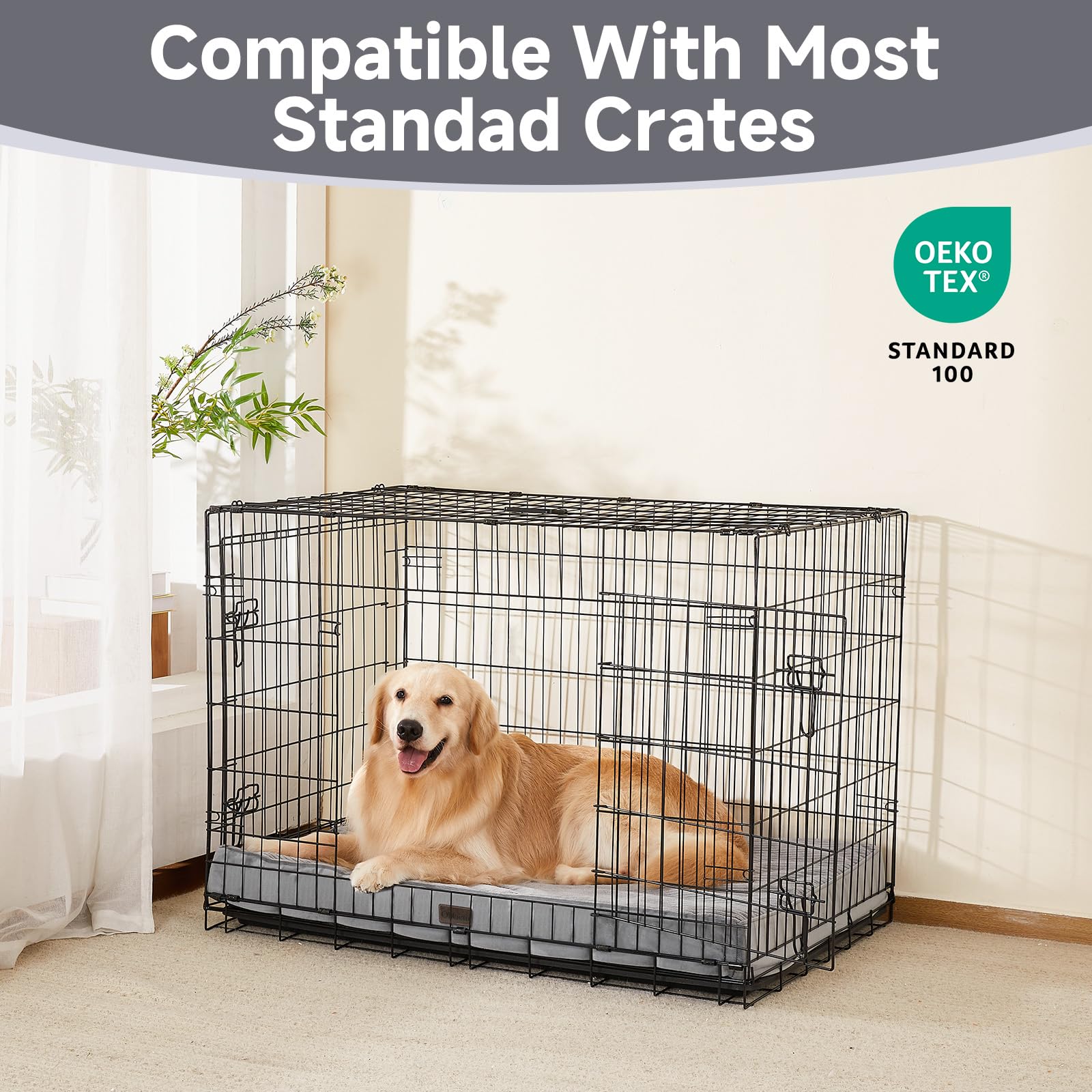 OhGeni Orthopedic Waterproof & Machine Washable Dog Bed for Medium Large Pets, Suitable for Crates, 25D Egg Crate Foam, Non-Slip Bottom & Removable Cover, 35 Inches(Gray)